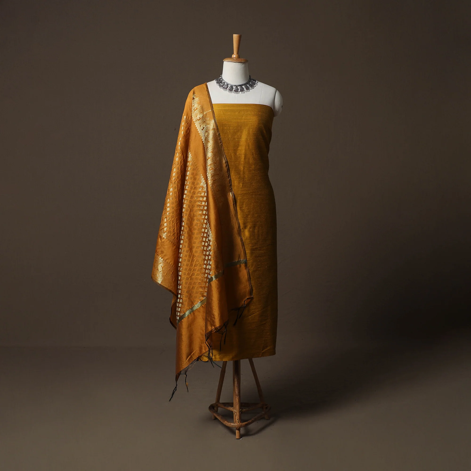 Yellow - Plain Slub Silk 2pc Unstitched Dress Material Kurta Set with Earrings 40