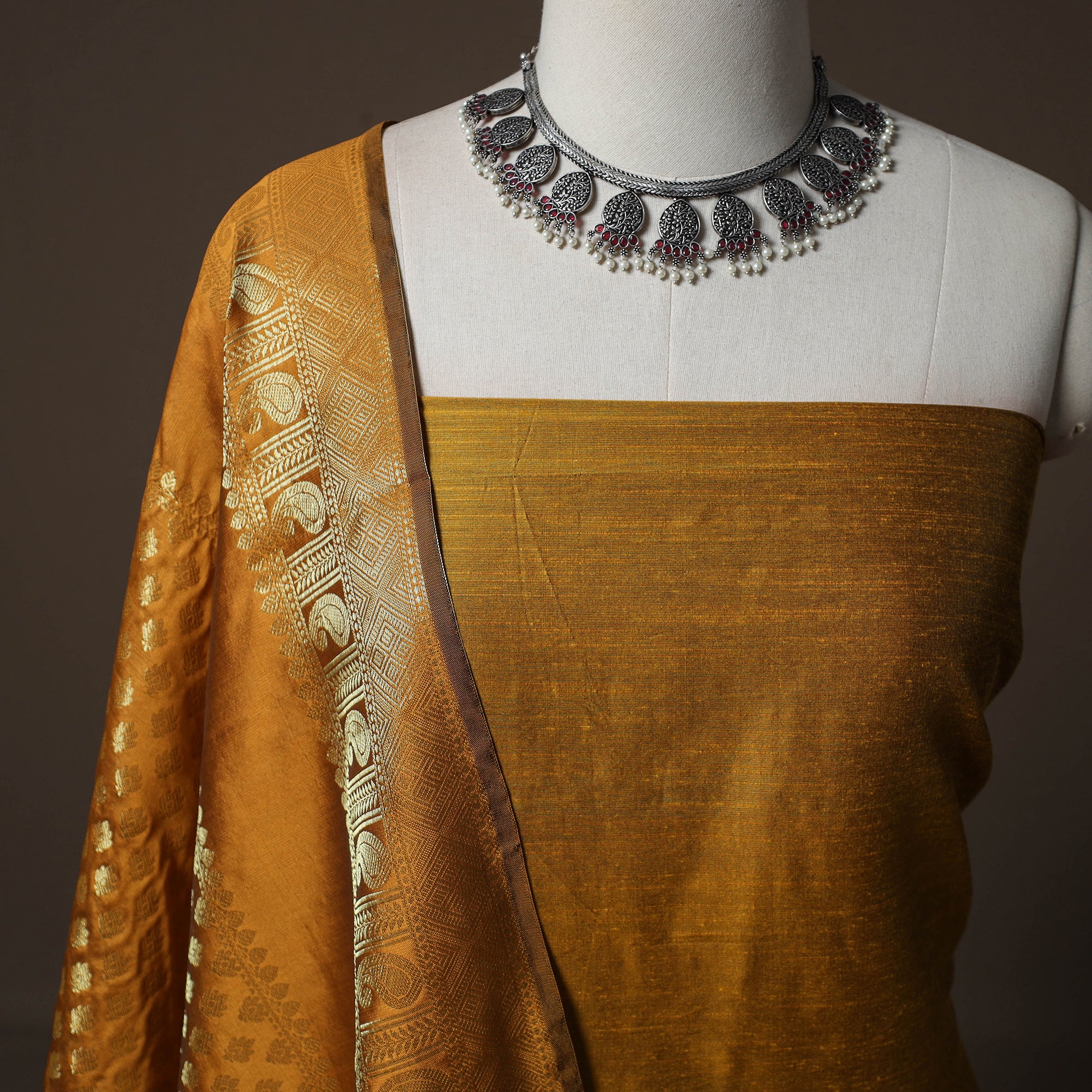 Yellow - Plain Slub Silk 2pc Unstitched Dress Material Kurta Set with Earrings 40 - Image 3