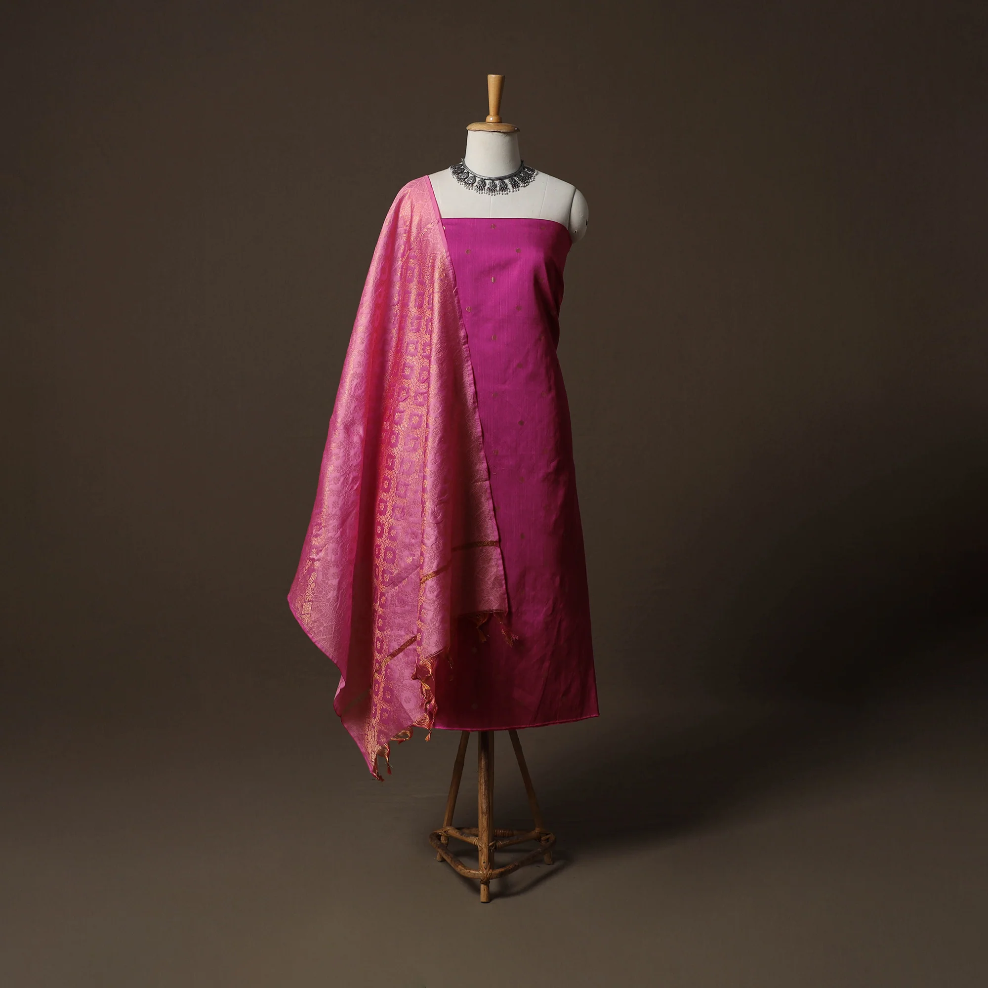 Pink - Plain Slub Silk 2pc Unstitched Dress Material Kurta Set with Earrings 58