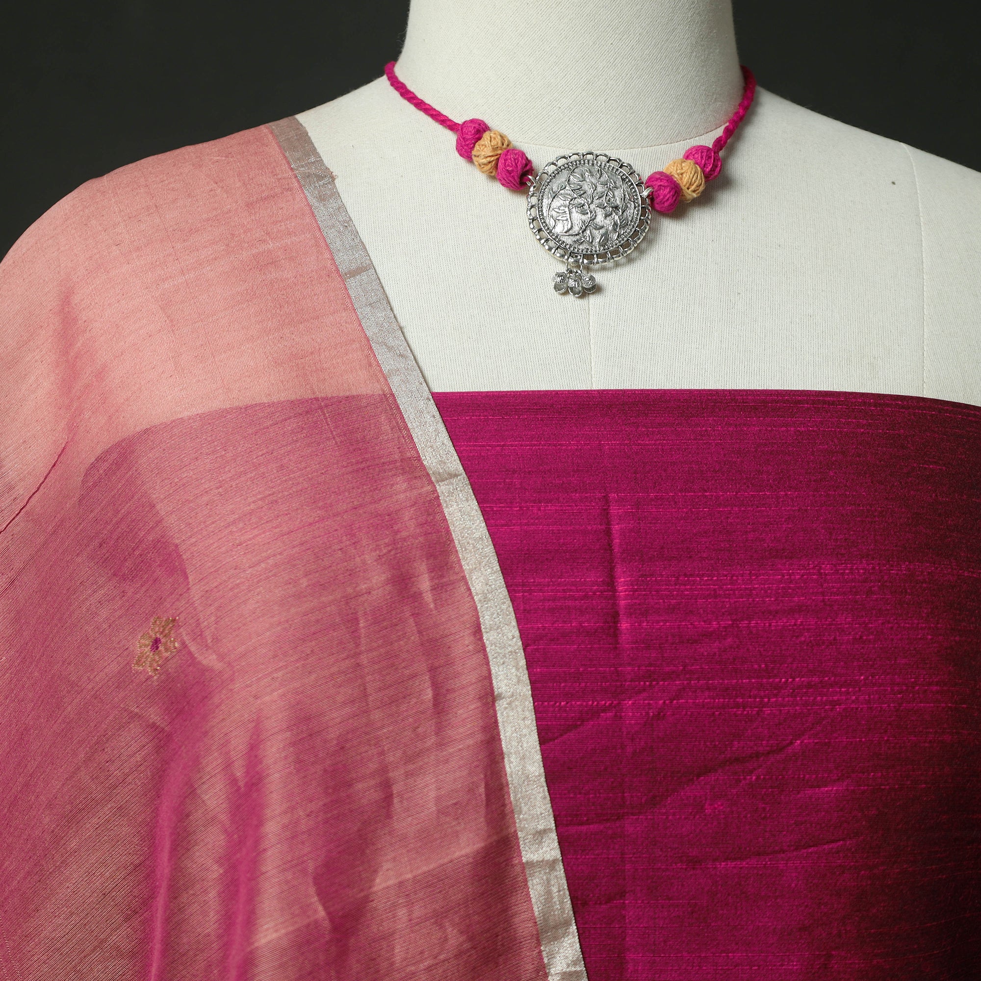 Pink - Plain Slub Silk 2pc Unstitched Dress Material Kurta Set with Jewellery 27 - Image 3