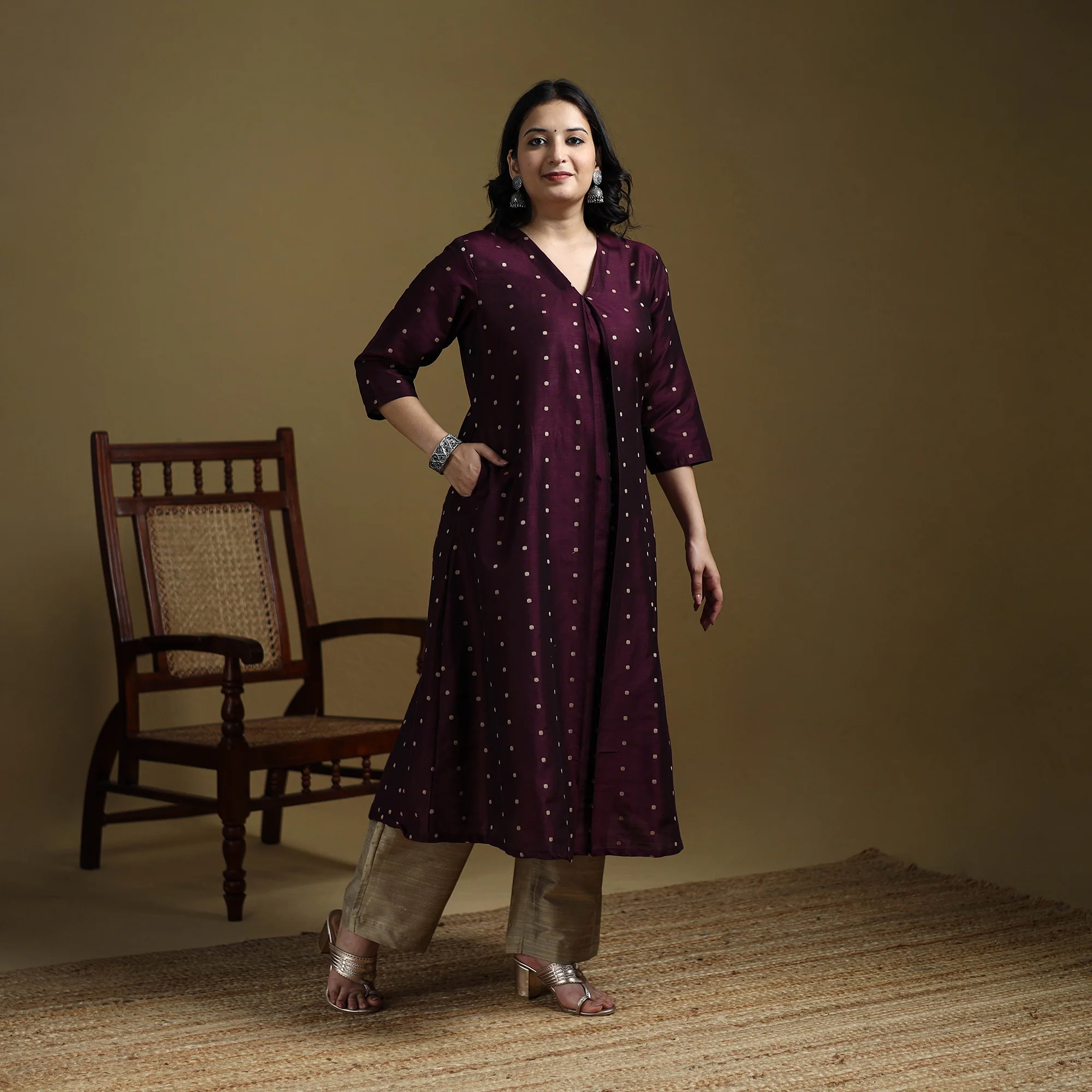 Purple - Plain Spun Dupion Viscose Silk Buti A-Line Kurta for women 13
