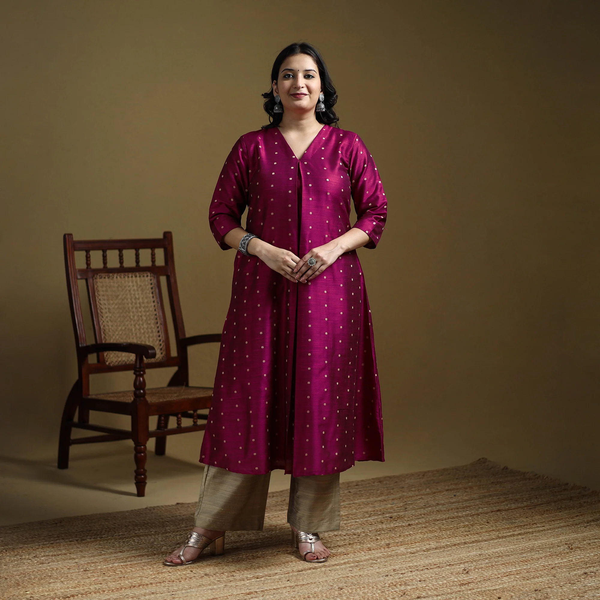 Pink - Plain Spun Dupion Viscose Silk Buti A-Line Kurta for women 14