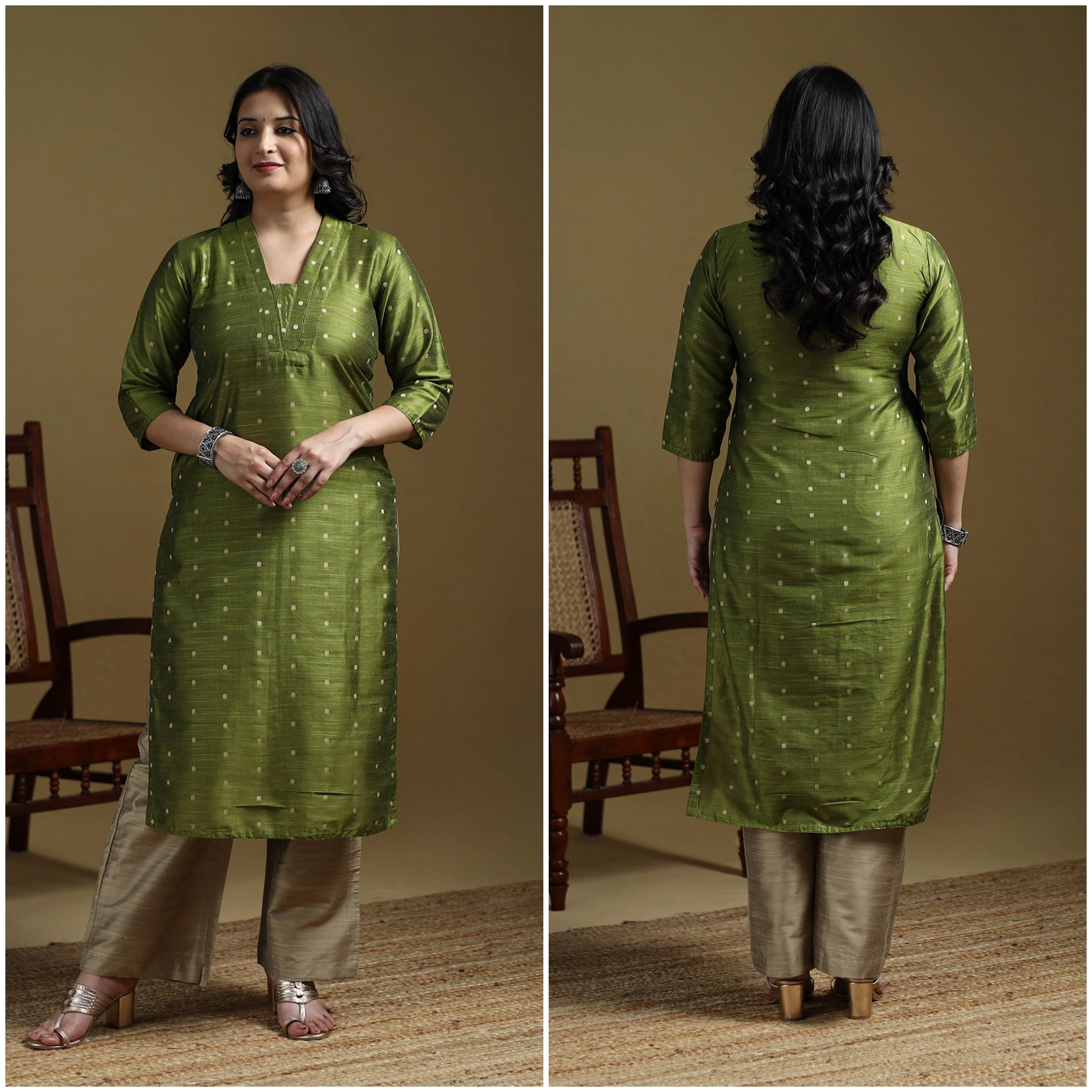 Green - Plain Spun Dupion Viscose Silk Buti Straight Kurta for women 10 - Image 2