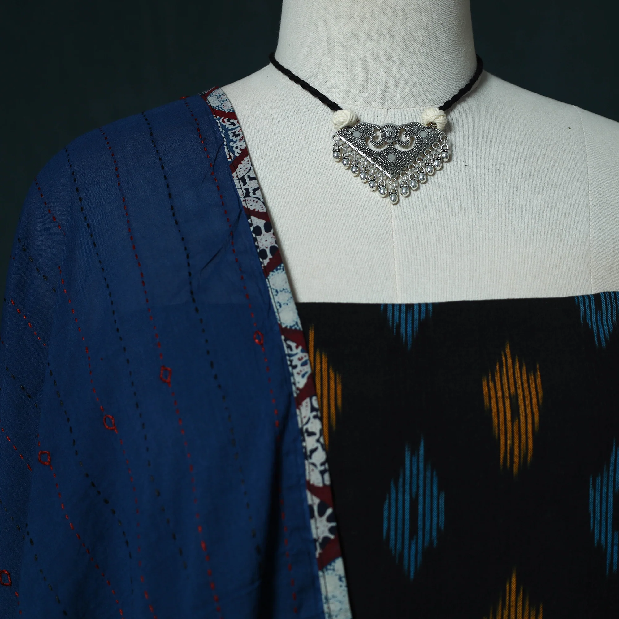 Pochampally Ikat Cotton 2pc Unstitched Dress Material Kurta Set with Jewellery Set 03 - Image 3