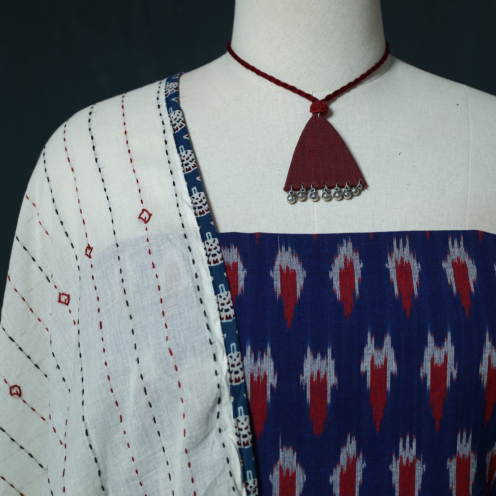 Pochampally Ikat Cotton 2pc Unstitched Dress Material Kurta Set with Jewellery Set 11 - Image 3