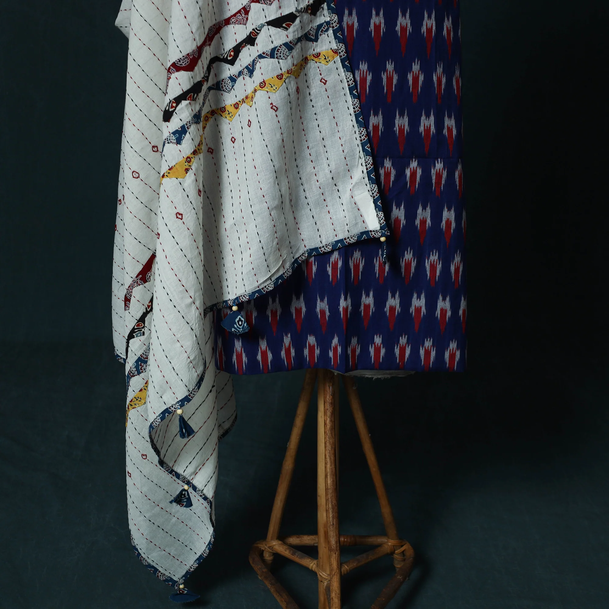 Pochampally Ikat Cotton 2pc Unstitched Dress Material Kurta Set with Jewellery Set 11 - Image 4