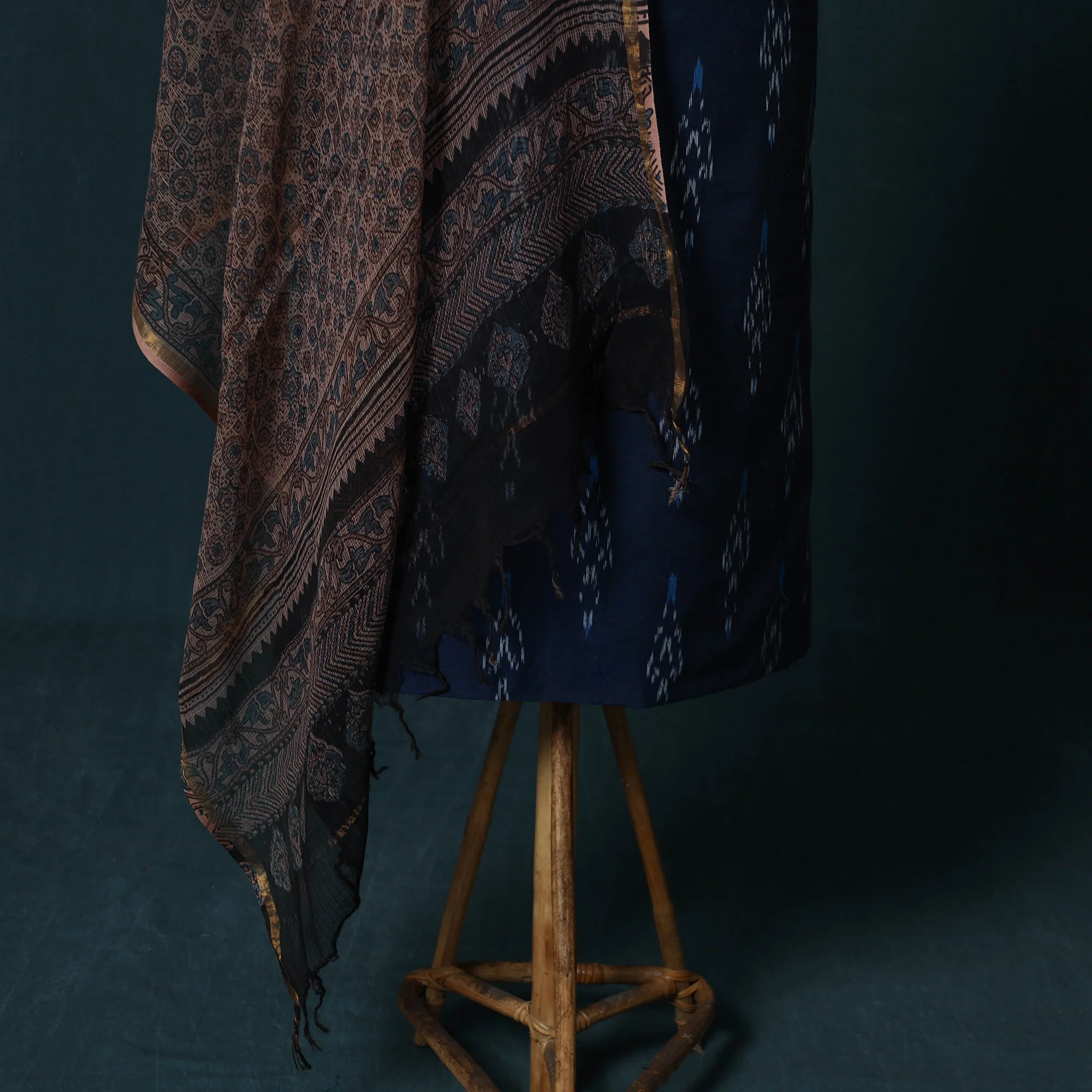 Blue - Pochampally Ikat Cotton 2pc Unstitched Dress Material Kurta Set with Jewellery Set 17 - Image 4