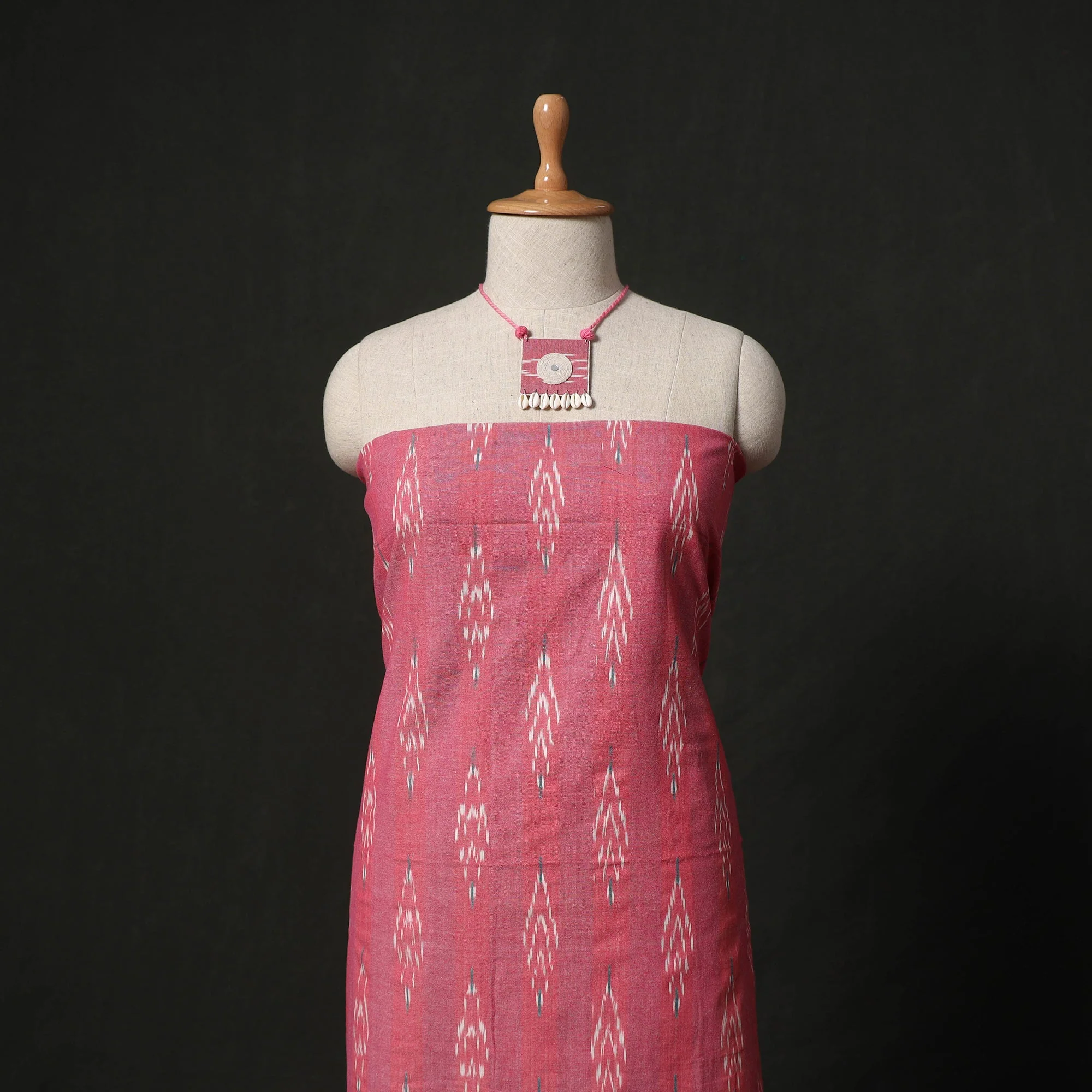 Pink - Pochampally Ikat Cotton 2pc Unstitched Dress Material Kurta Set with Jewellery Set 18 - Image 2