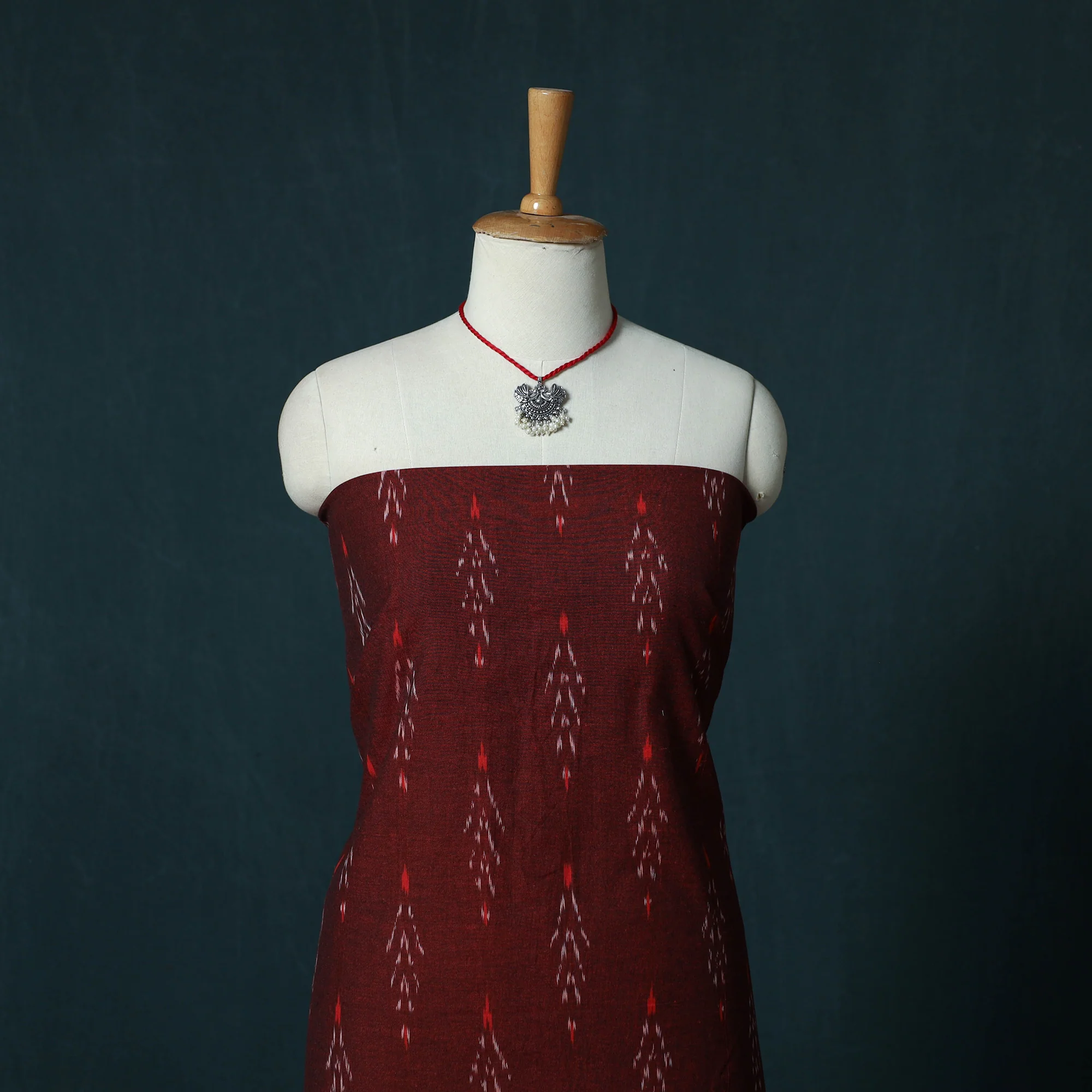 Maroon - Pochampally Ikat Cotton 2pc Unstitched Dress Material Kurta Set with Jewellery Set 19 - Image 2