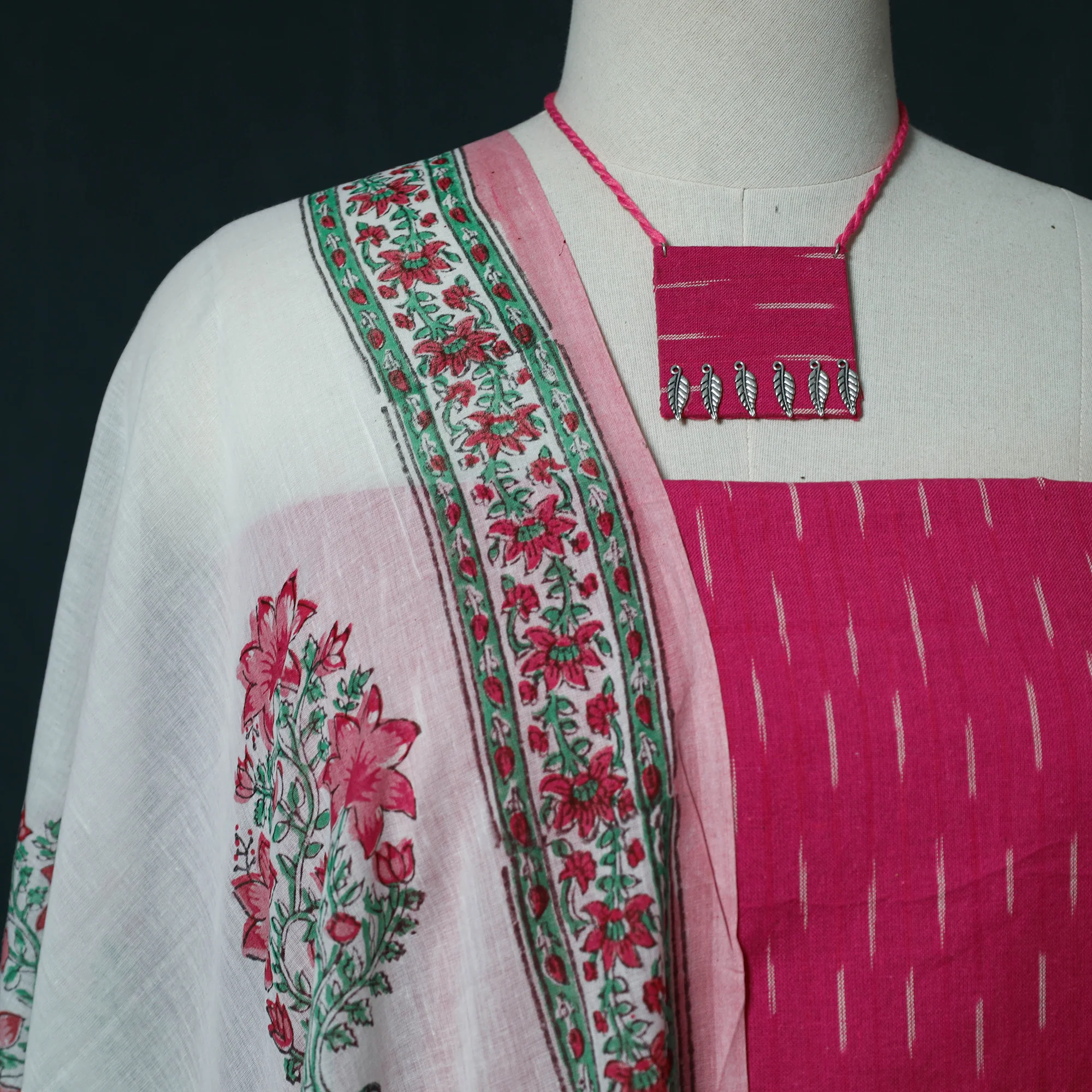 Pochampally Ikat Cotton 2pc Unstitched Dress Material Kurta Set with Jewellery Set 30 - Image 3