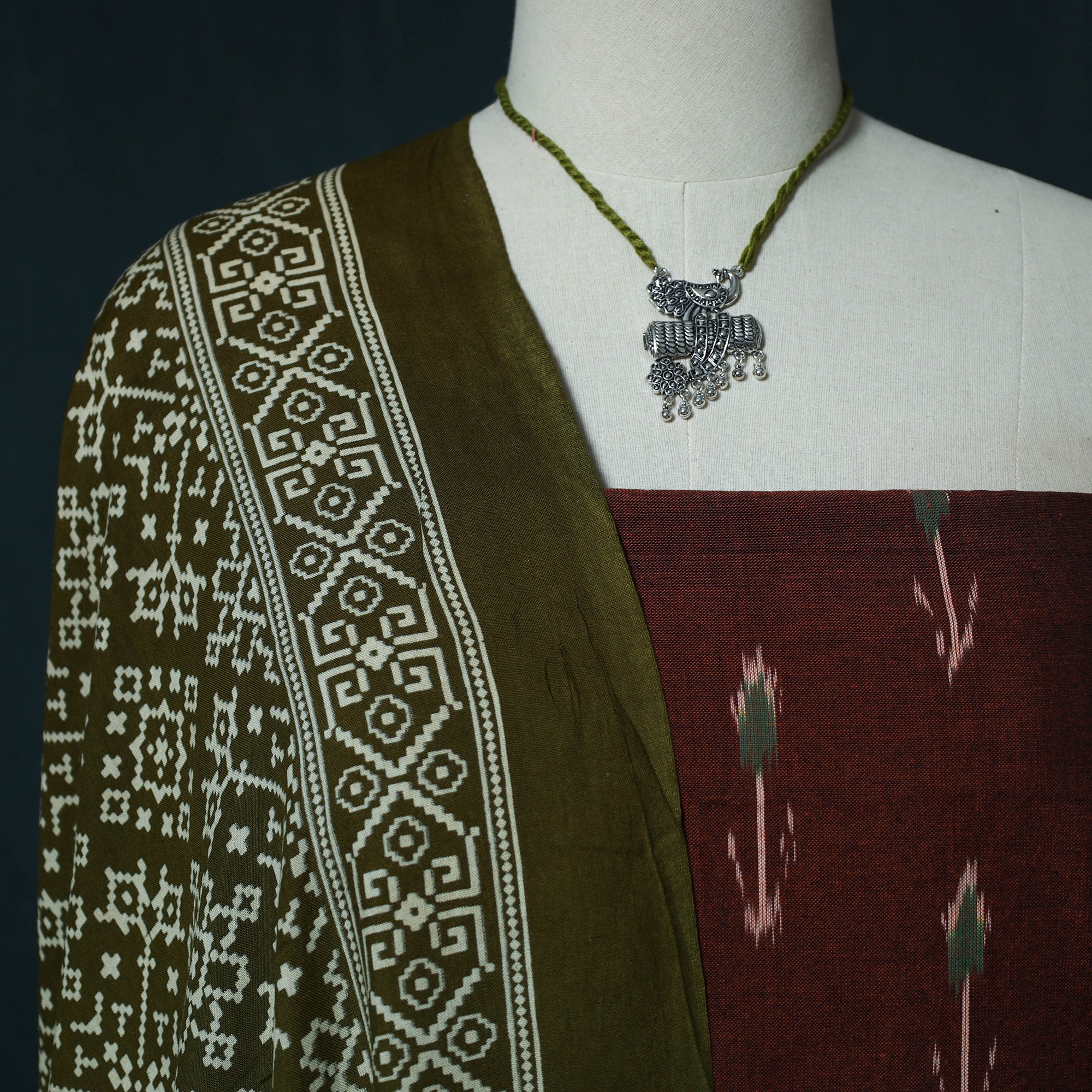 Pochampally Ikat Cotton 2pc Unstitched Dress Material Kurta Set with Jewellery Set 37 - Image 3