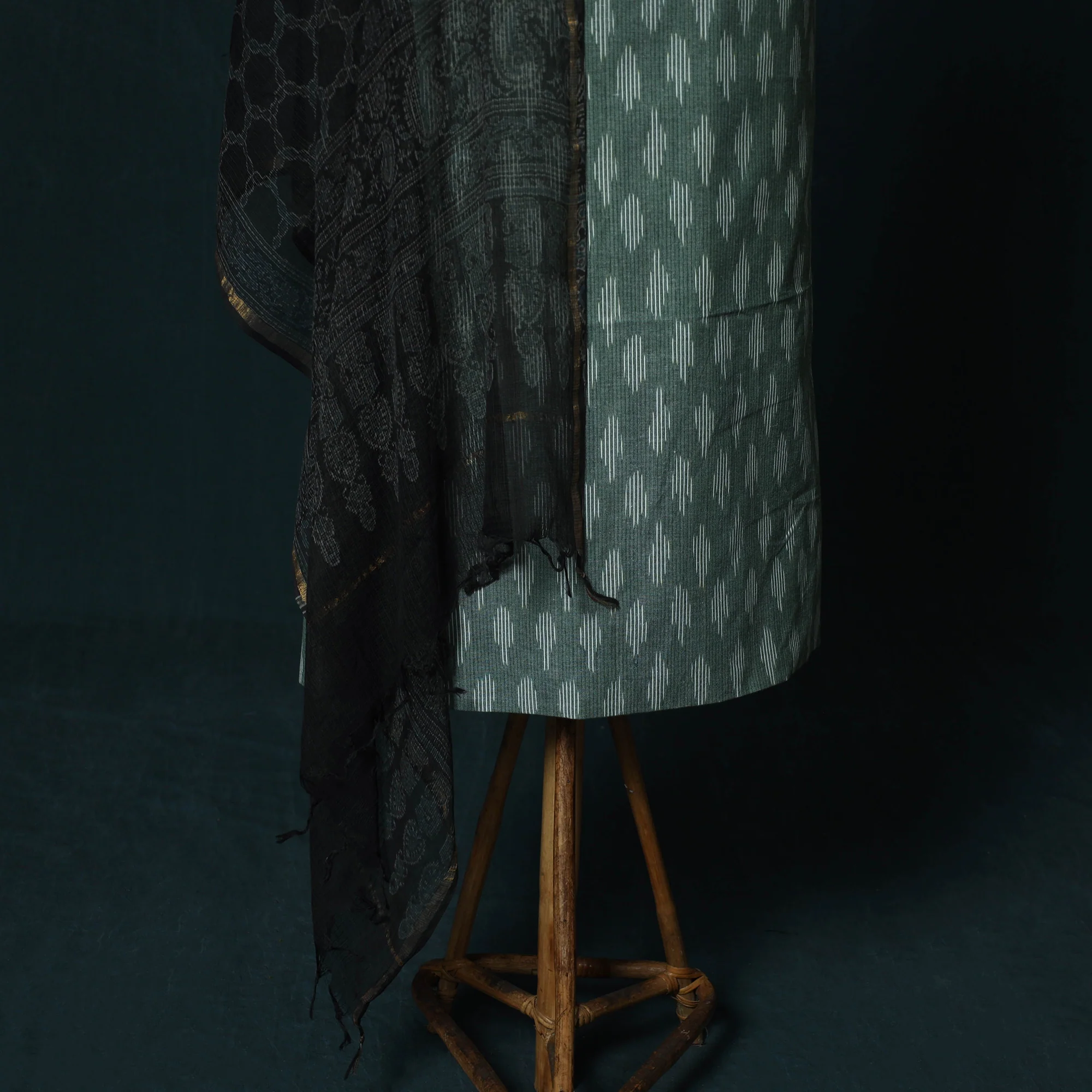 Pochampally Ikat Cotton 2pc Unstitched Dress Material Kurta Set with Jewellery Set 39 - Image 4