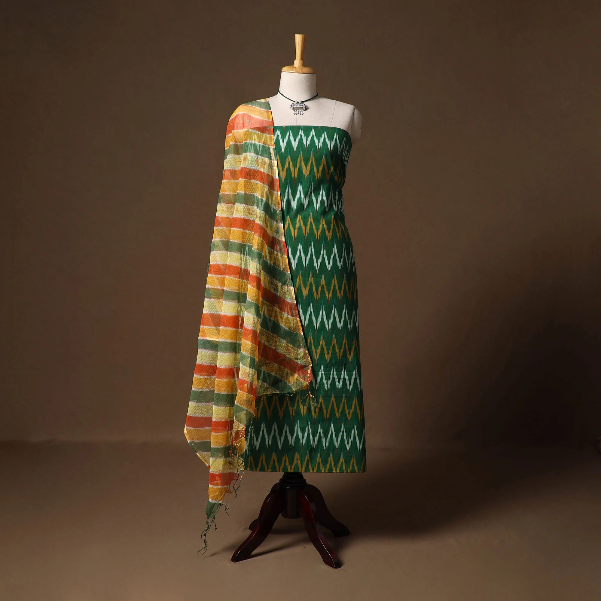 Green - Pochampally Ikat Cotton 2pc Unstitched Dress Material with Jewellery Set 19