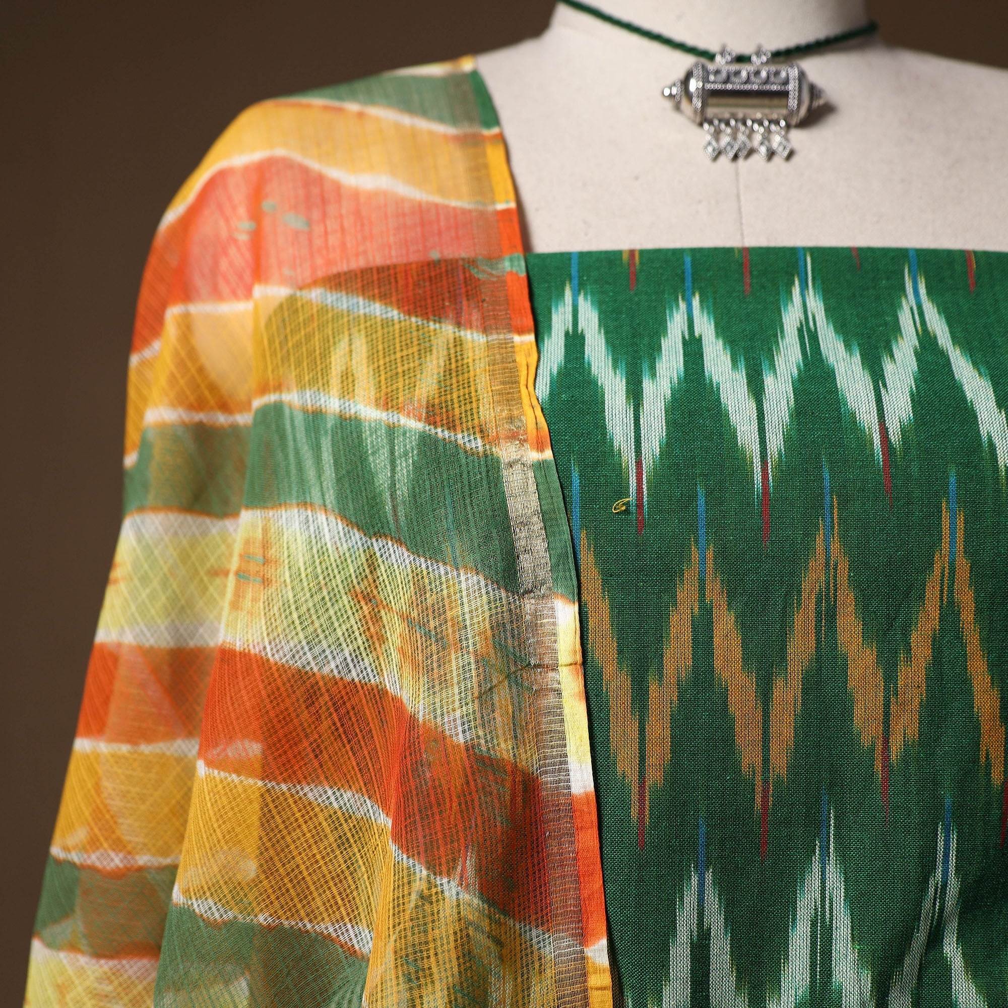 Green - Pochampally Ikat Cotton 2pc Unstitched Dress Material with Jewellery Set 19 - Image 3