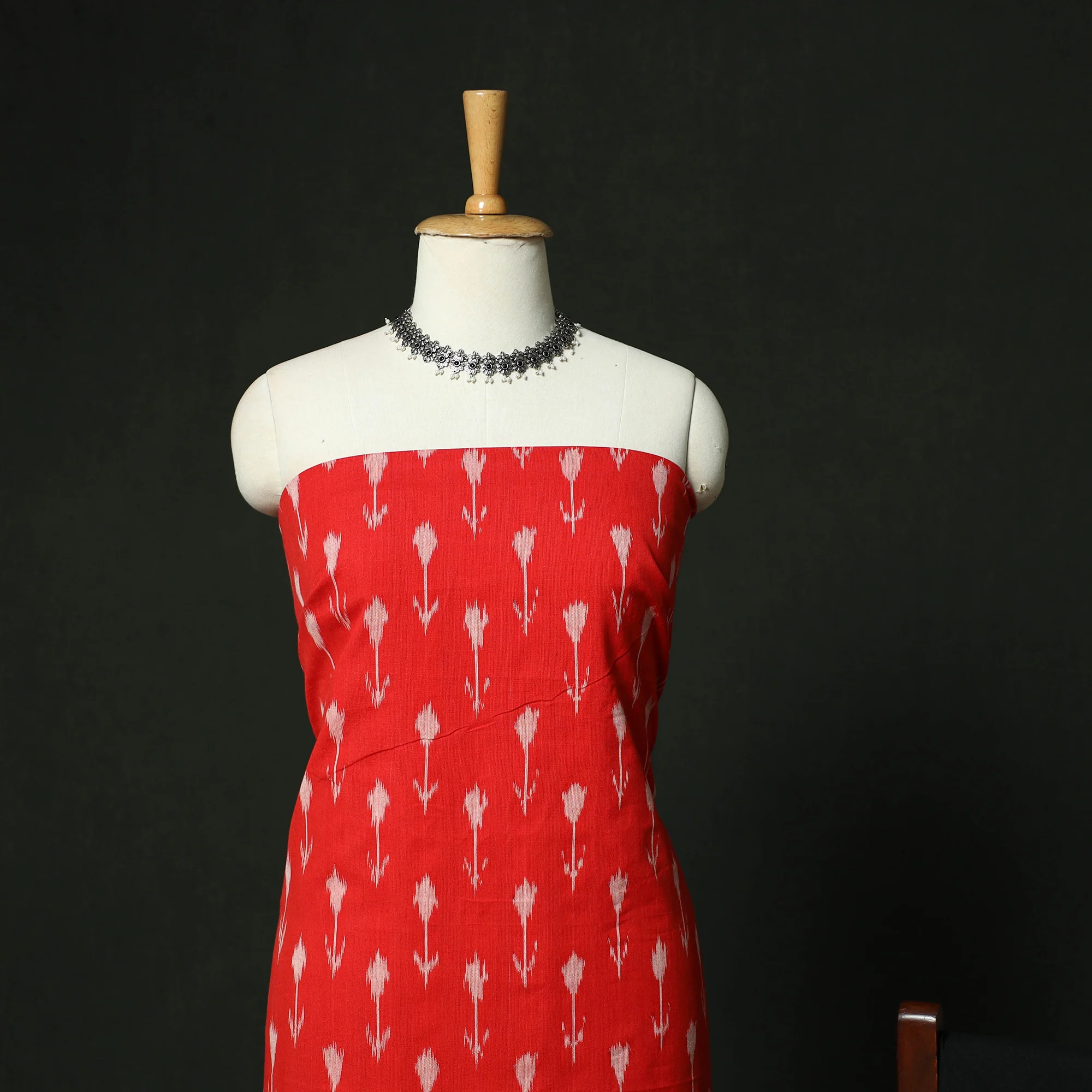 Red - Pochampally Ikat Cotton 3pc Unstitched Dress Material Suit Set 13 - Image 3