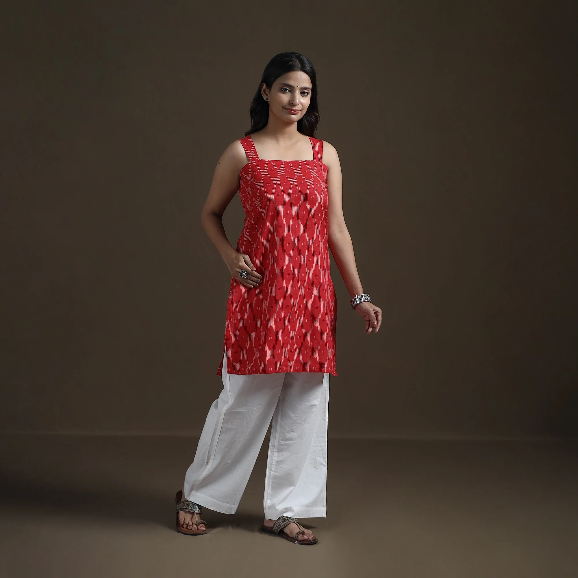 Red - Pochampally Ikat Cotton Sleeveless Short Kurta for Women 29 - Image 2