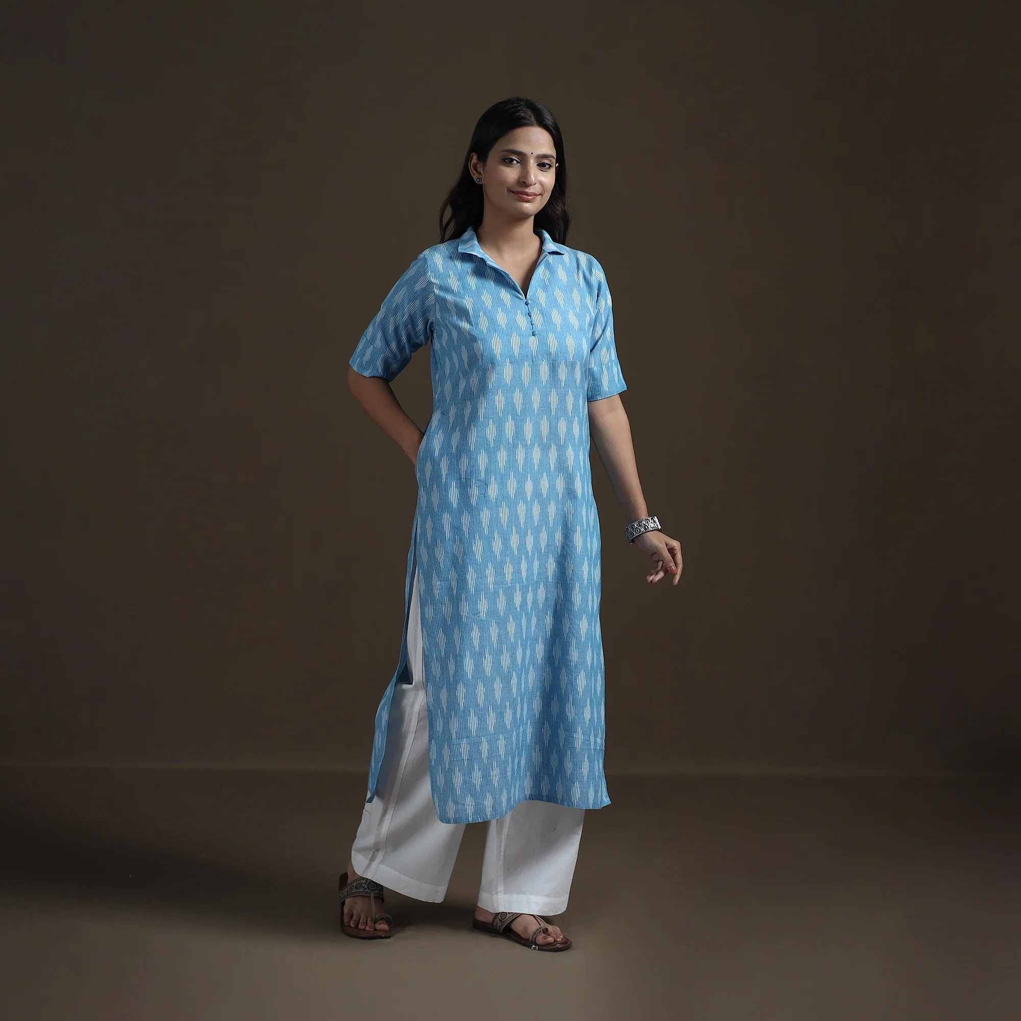 Blue - Pochampally Ikat Cotton Straight Kurta for Women 06 - Image 2