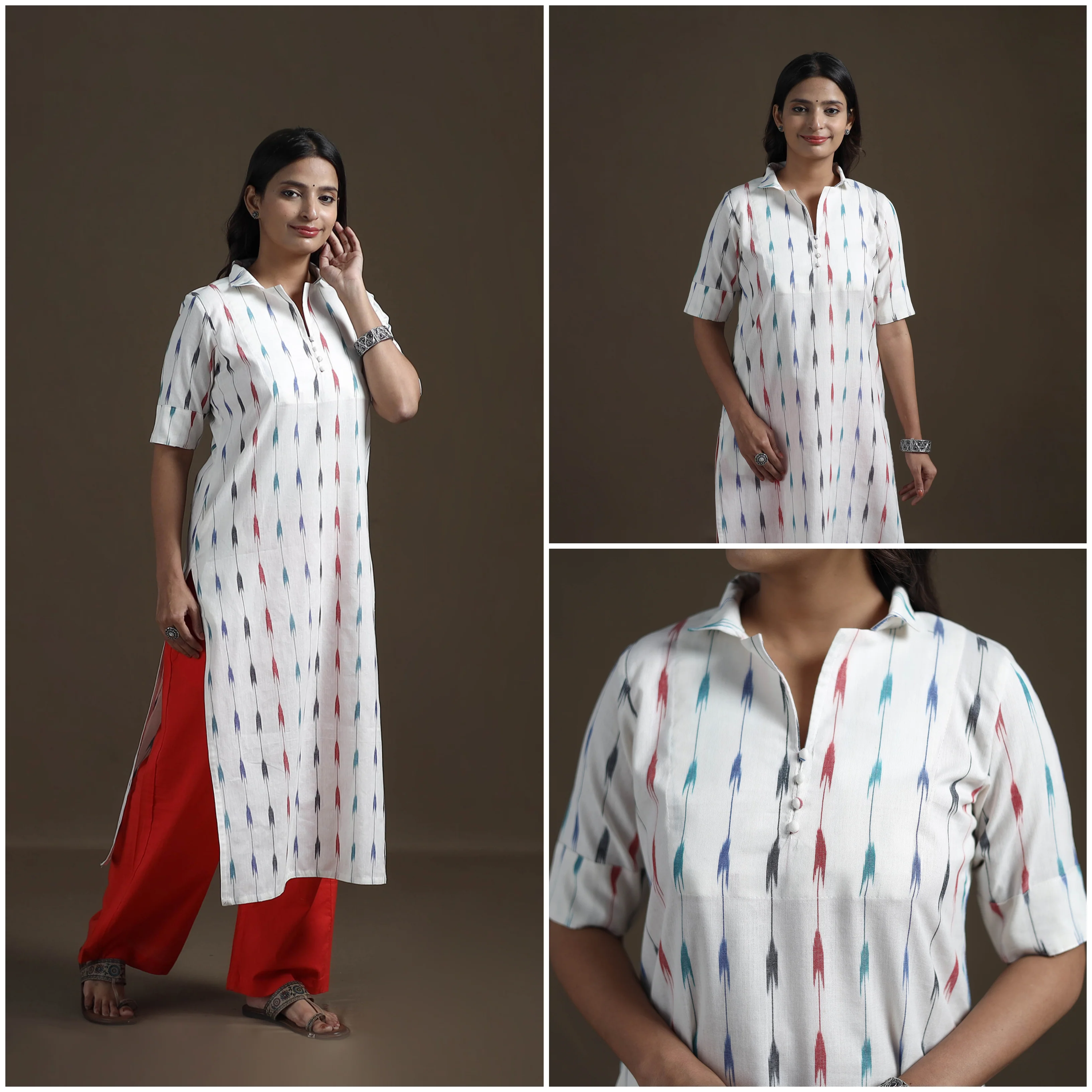 White - Pochampally Ikat Cotton Straight Kurta for Women 10 - Image 3