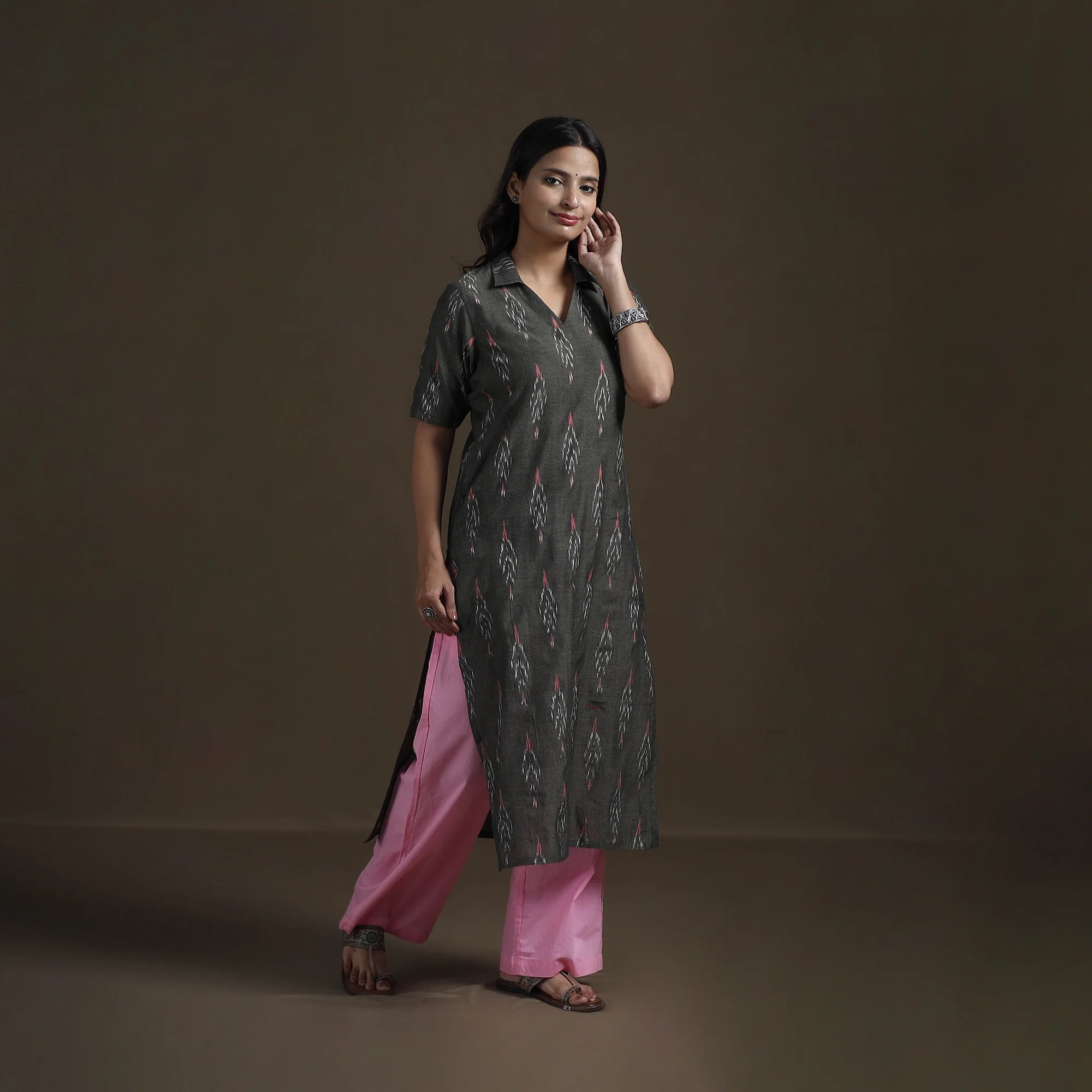 Grey - Pochampally Ikat Cotton Straight Kurta for Women 11 - Image 4