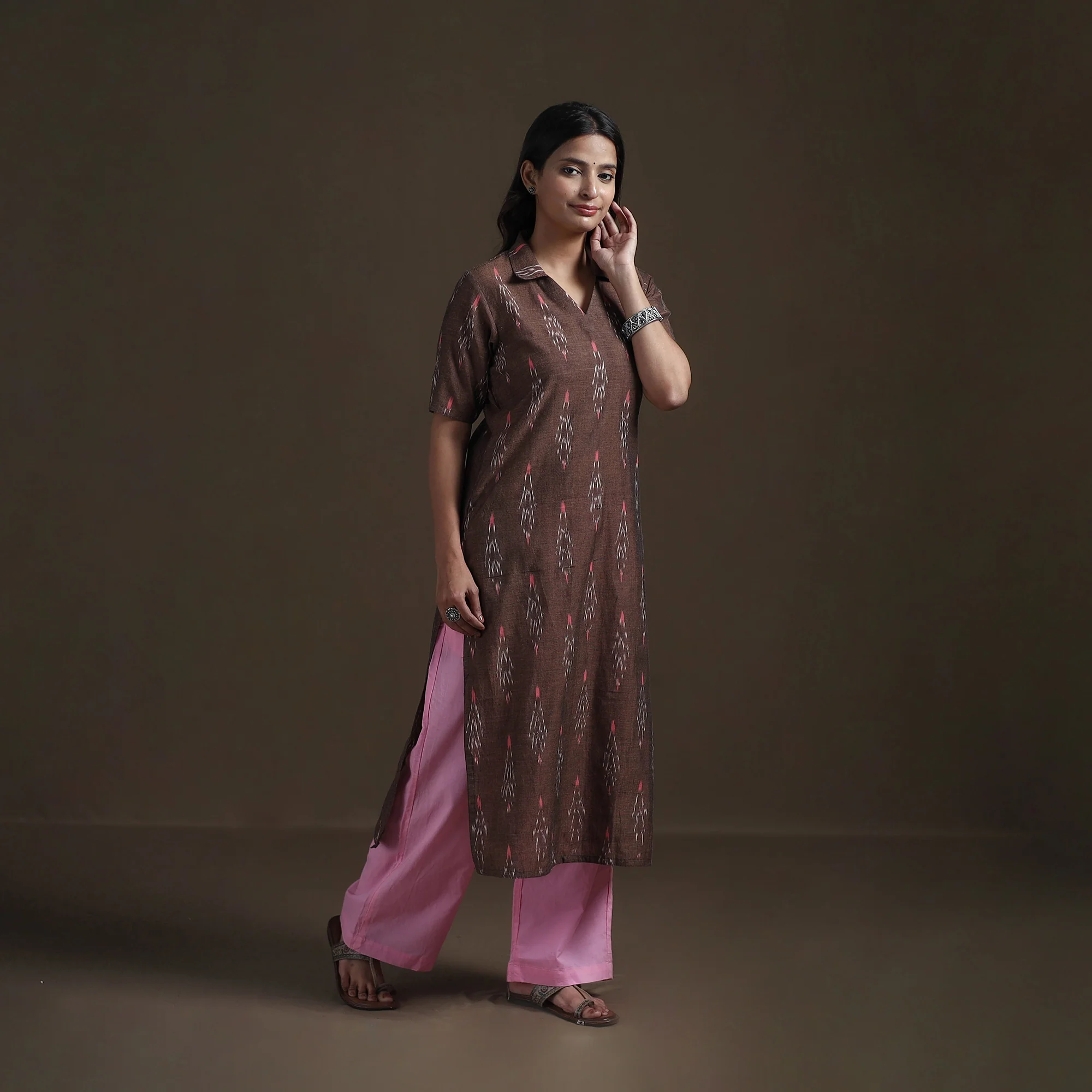 Brown - Pochampally Ikat Cotton Straight Kurta for Women 12