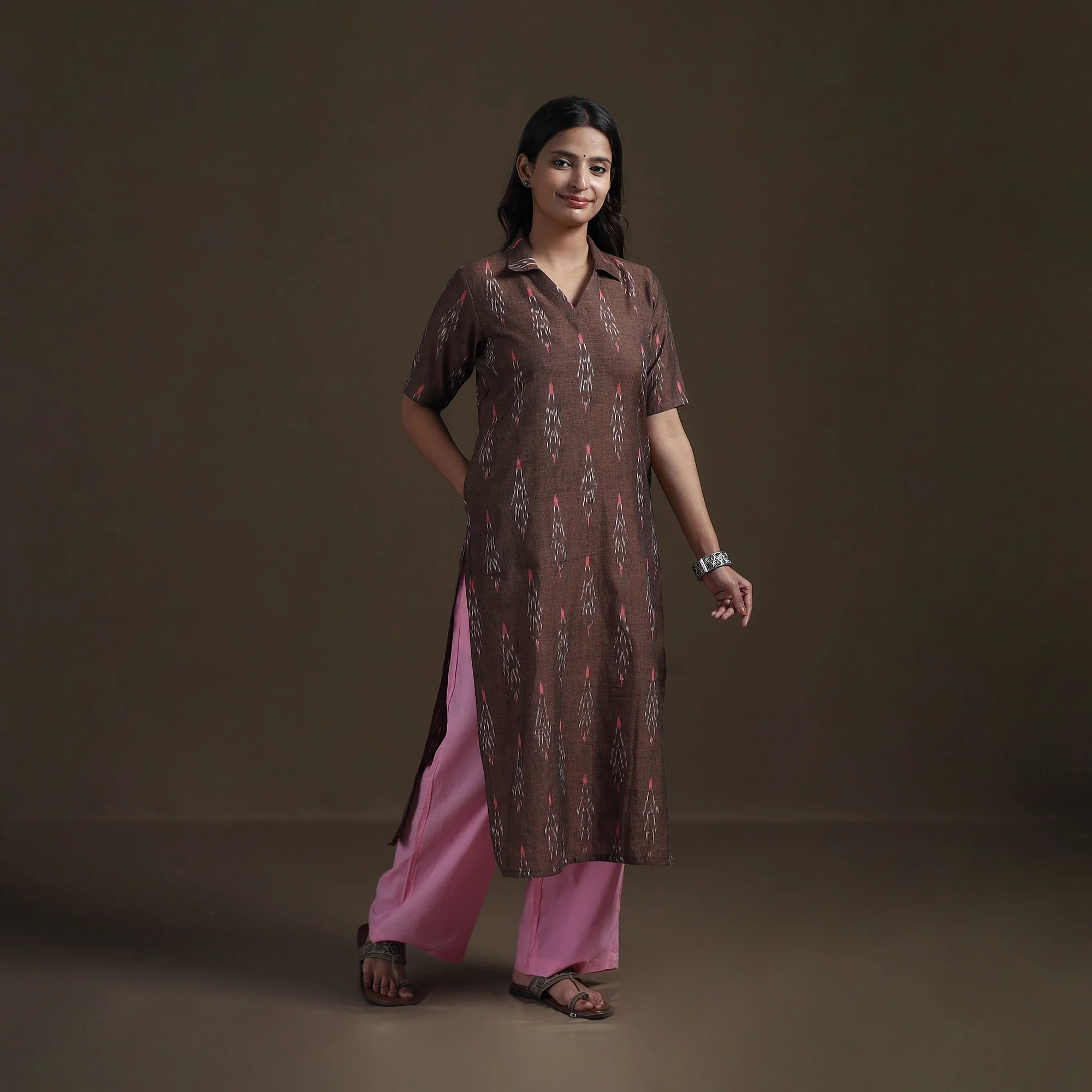 Brown - Pochampally Ikat Cotton Straight Kurta for Women 12 - Image 2