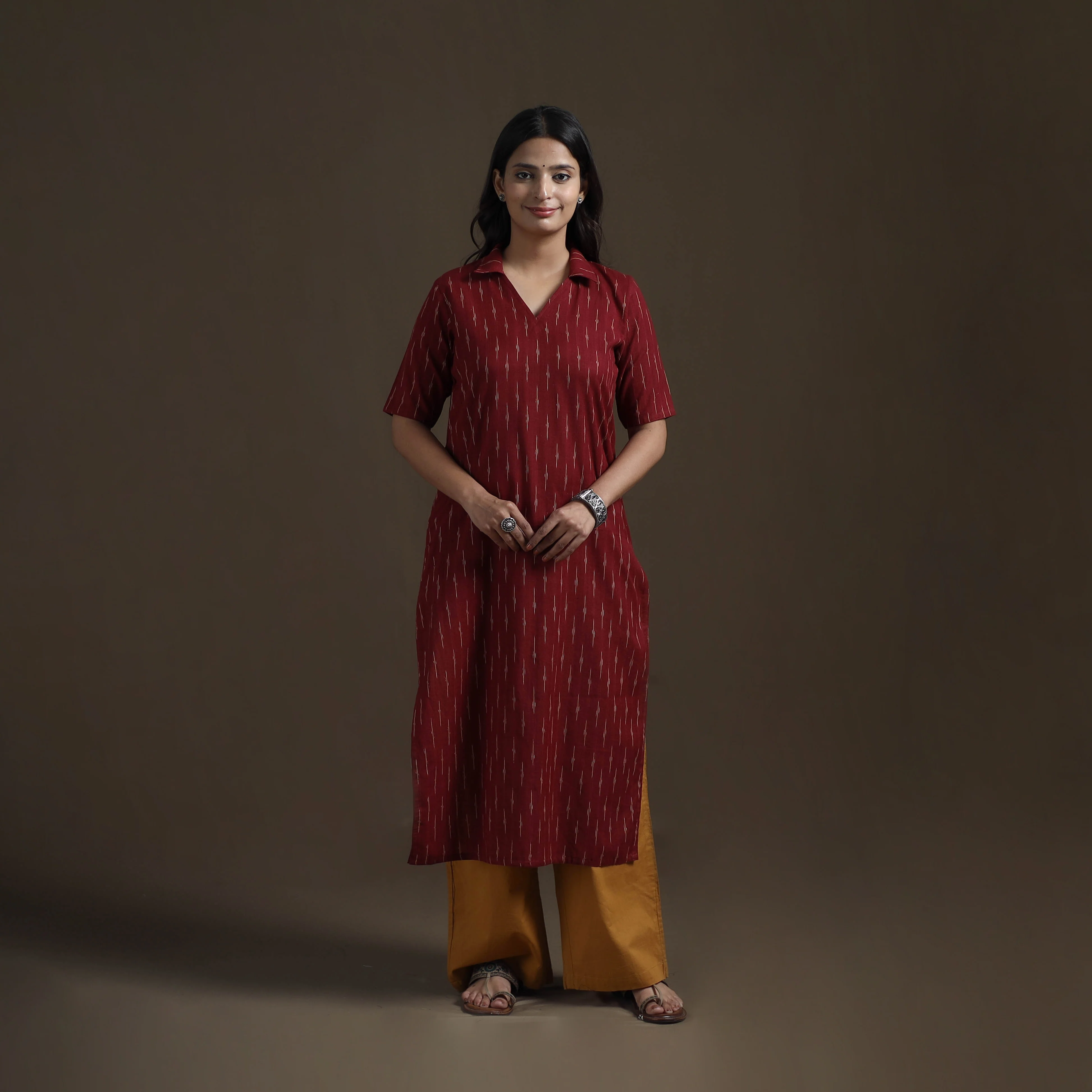 Maroon - Pochampally Ikat Cotton Straight Kurta for Women 13 - Image 2