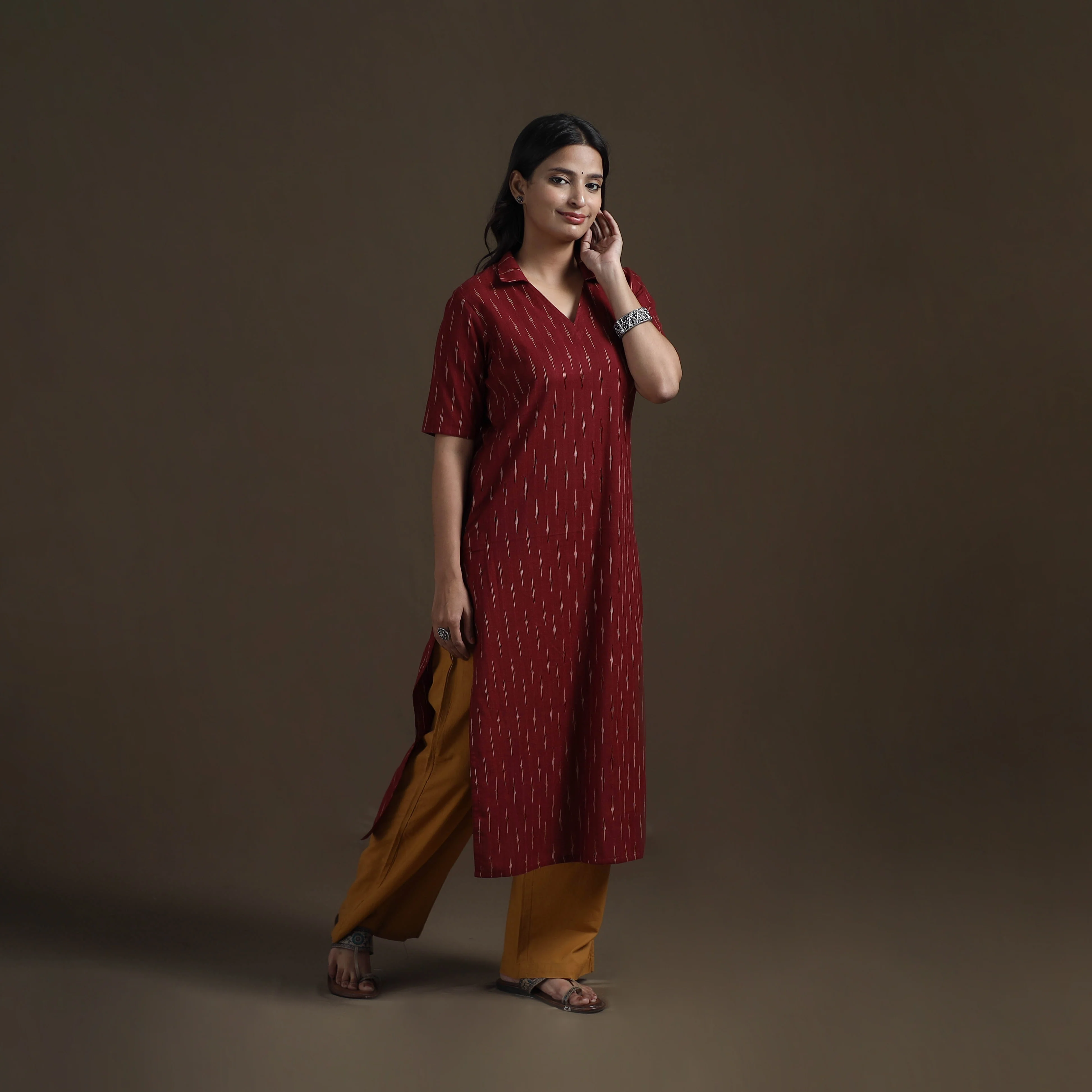 Maroon - Pochampally Ikat Cotton Straight Kurta for Women 13 - Image 4
