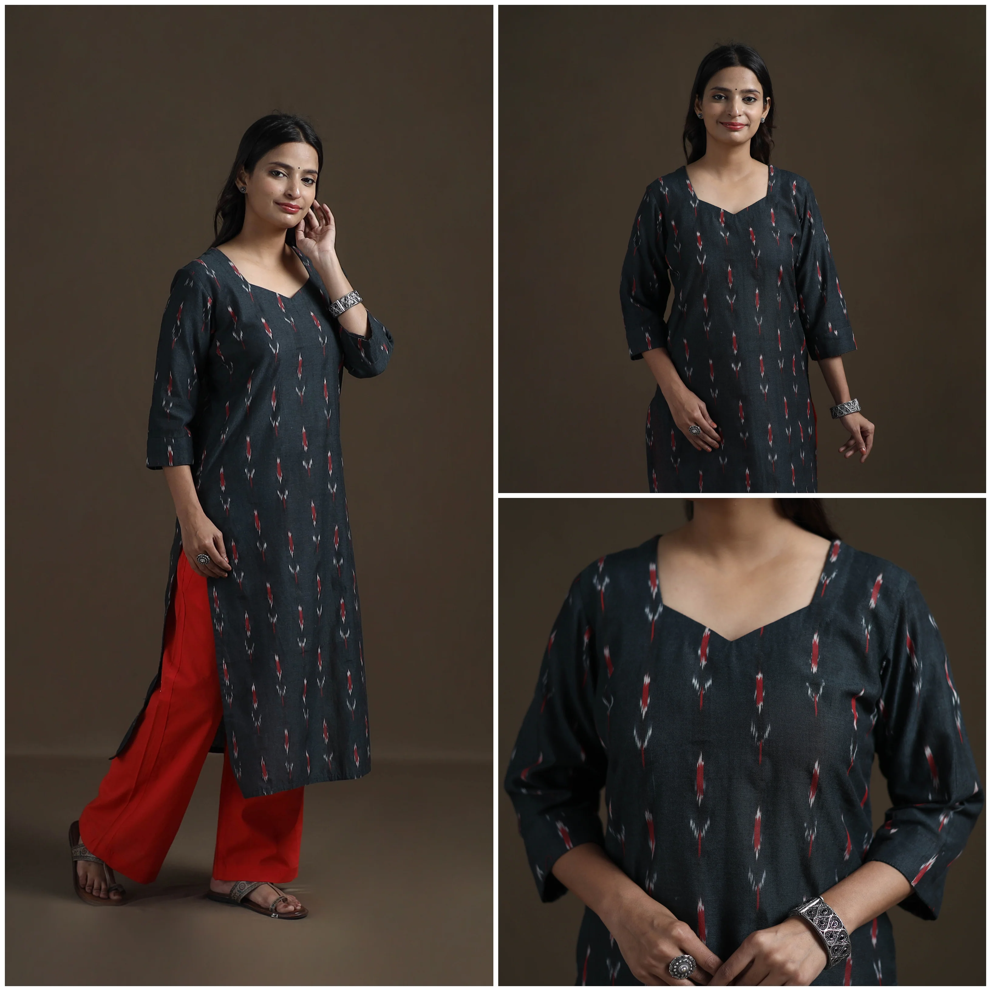 Black - Pochampally Ikat Cotton Straight Kurta for Women 18 - Image 3
