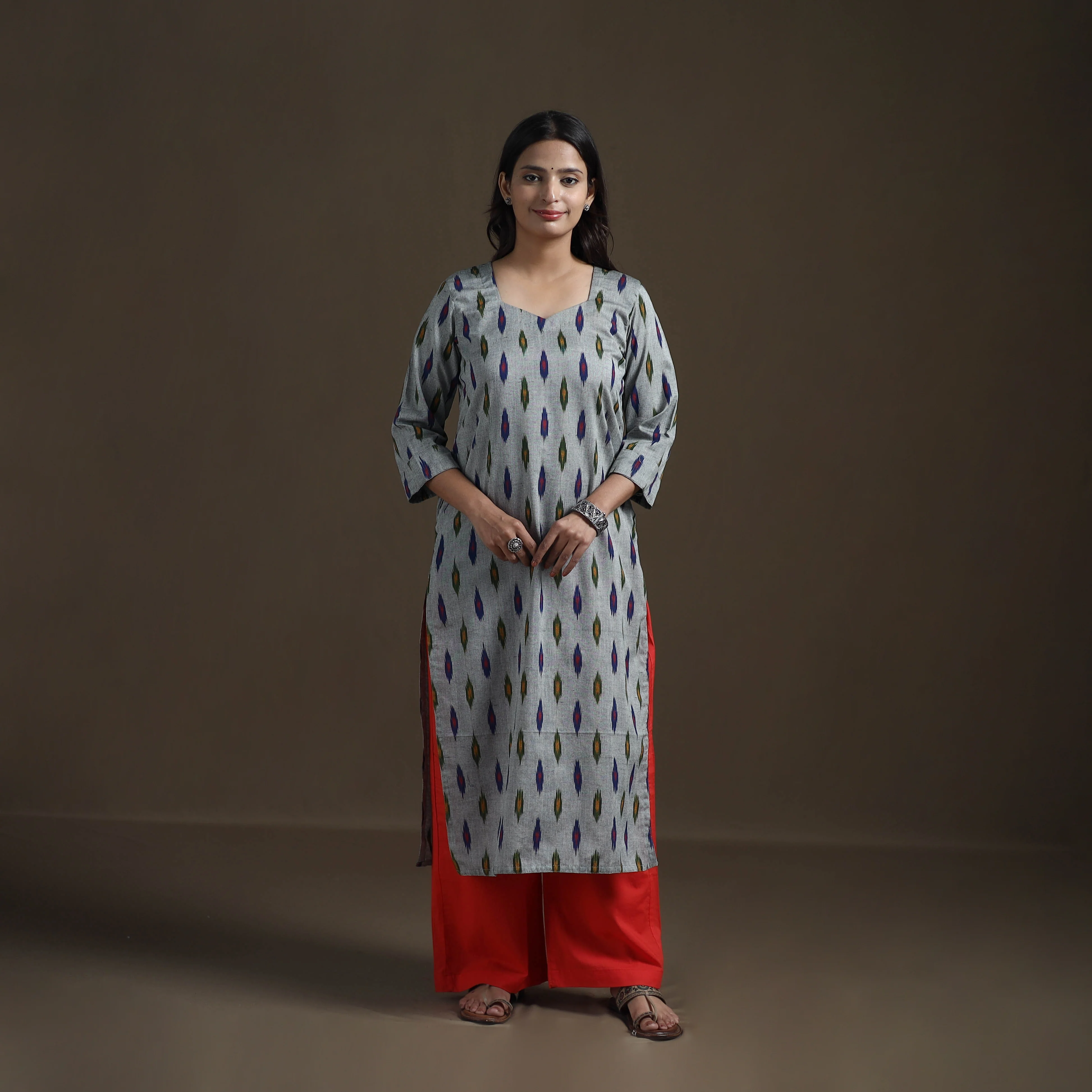 Grey - Pochampally Ikat Cotton Straight Kurta for Women 19 - Image 2