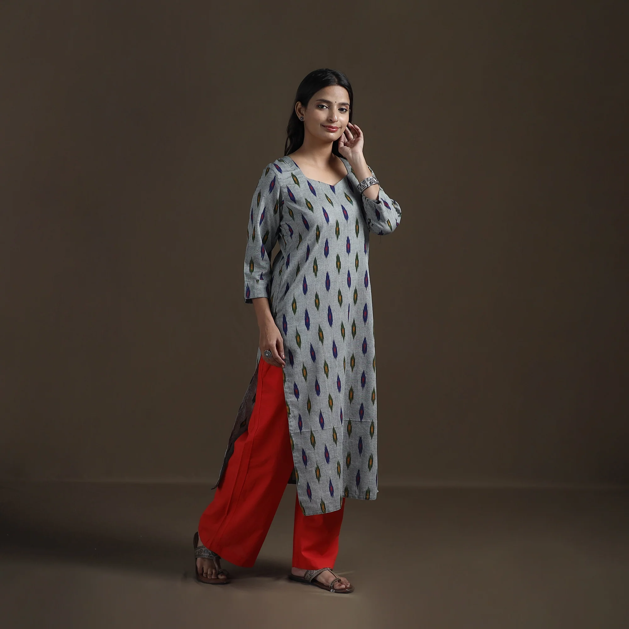 Grey - Pochampally Ikat Cotton Straight Kurta for Women 19 - Image 4