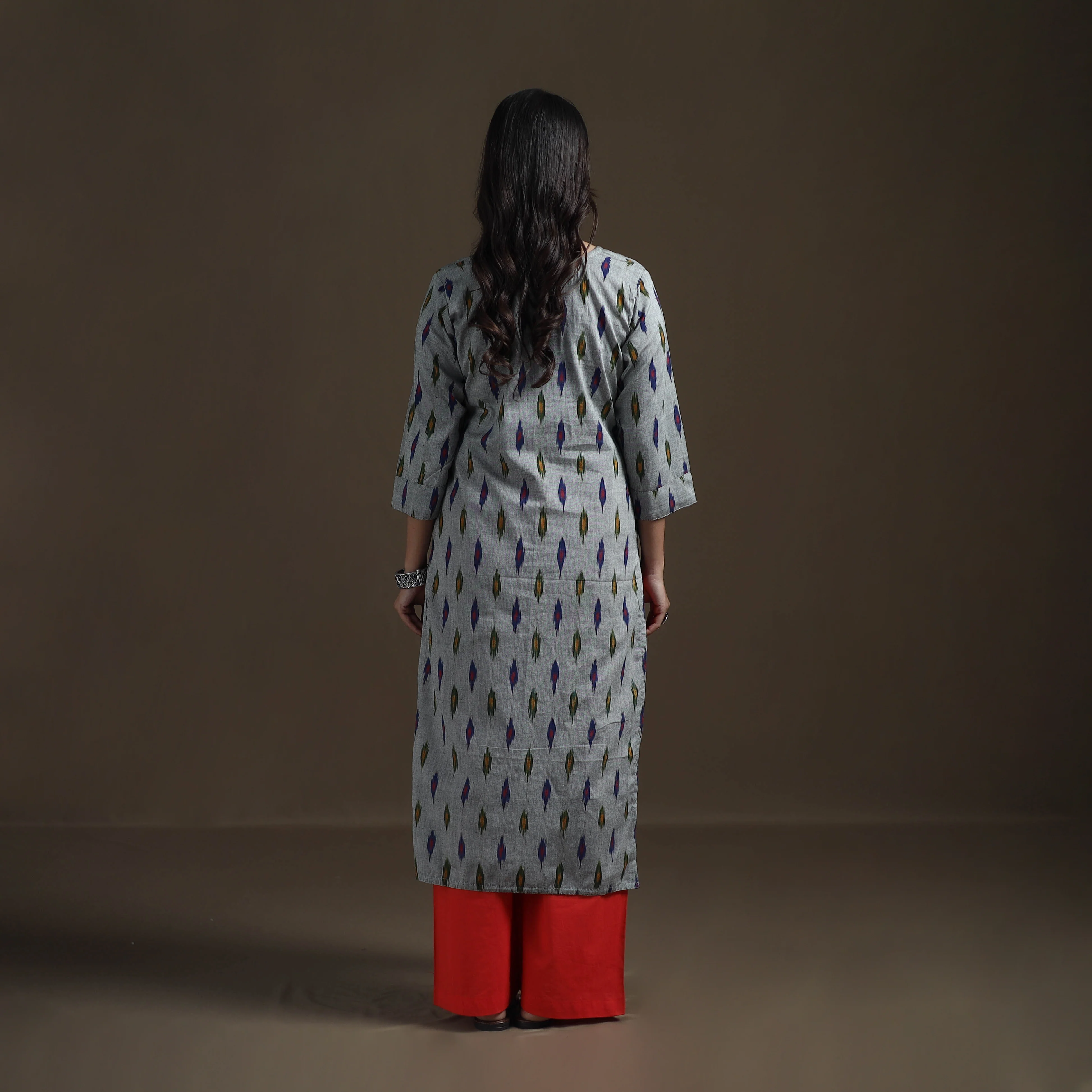 Grey - Pochampally Ikat Cotton Straight Kurta for Women 19 - Image 5