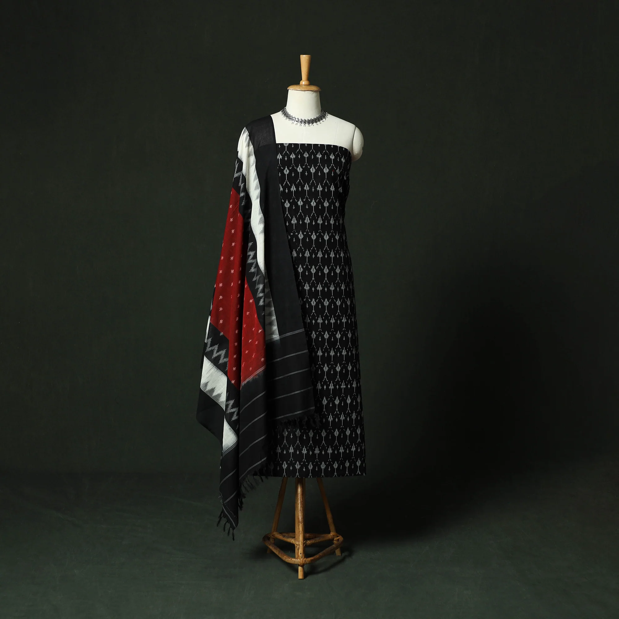 Black - Pochampally Ikat Mercerised Cotton 2pc Unstitched Dress Material Kurta Set 39