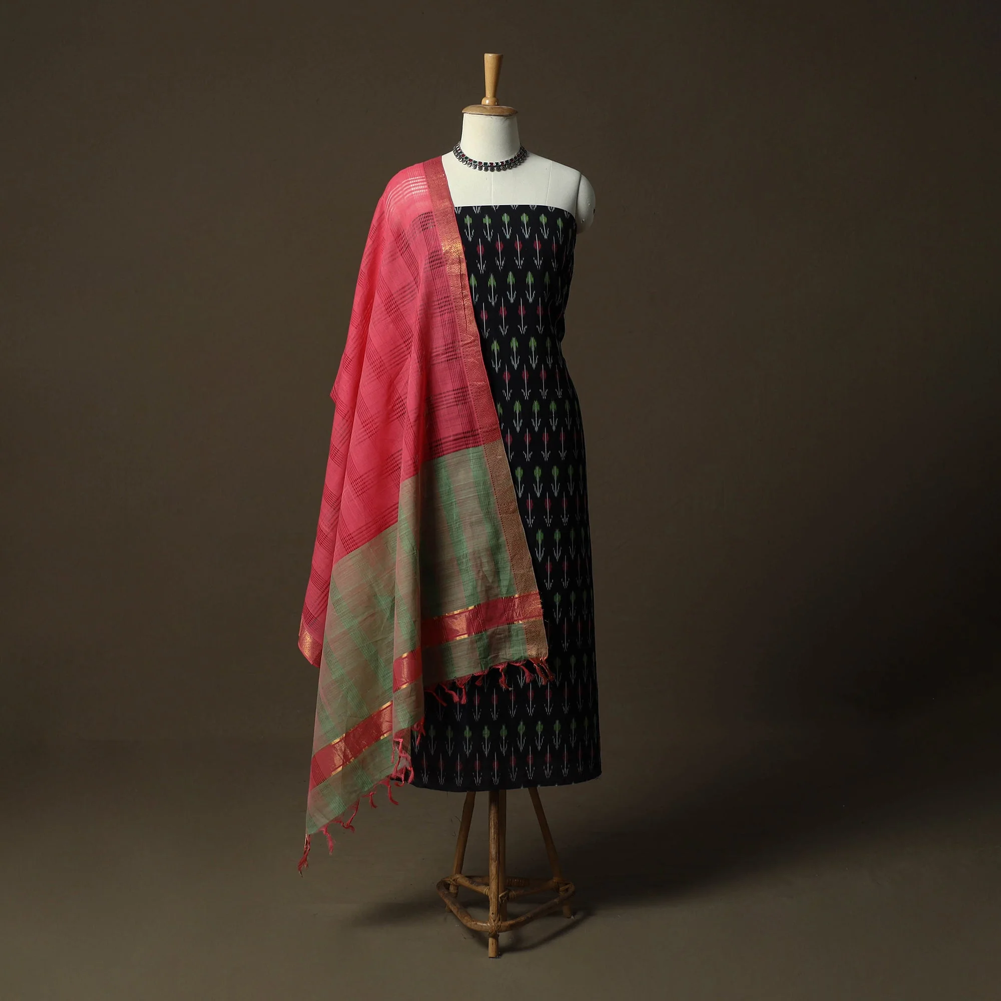 Black - Pochampally Ikat Mercerised Cotton 2pc Unstitched Dress Material Kurta Set 40