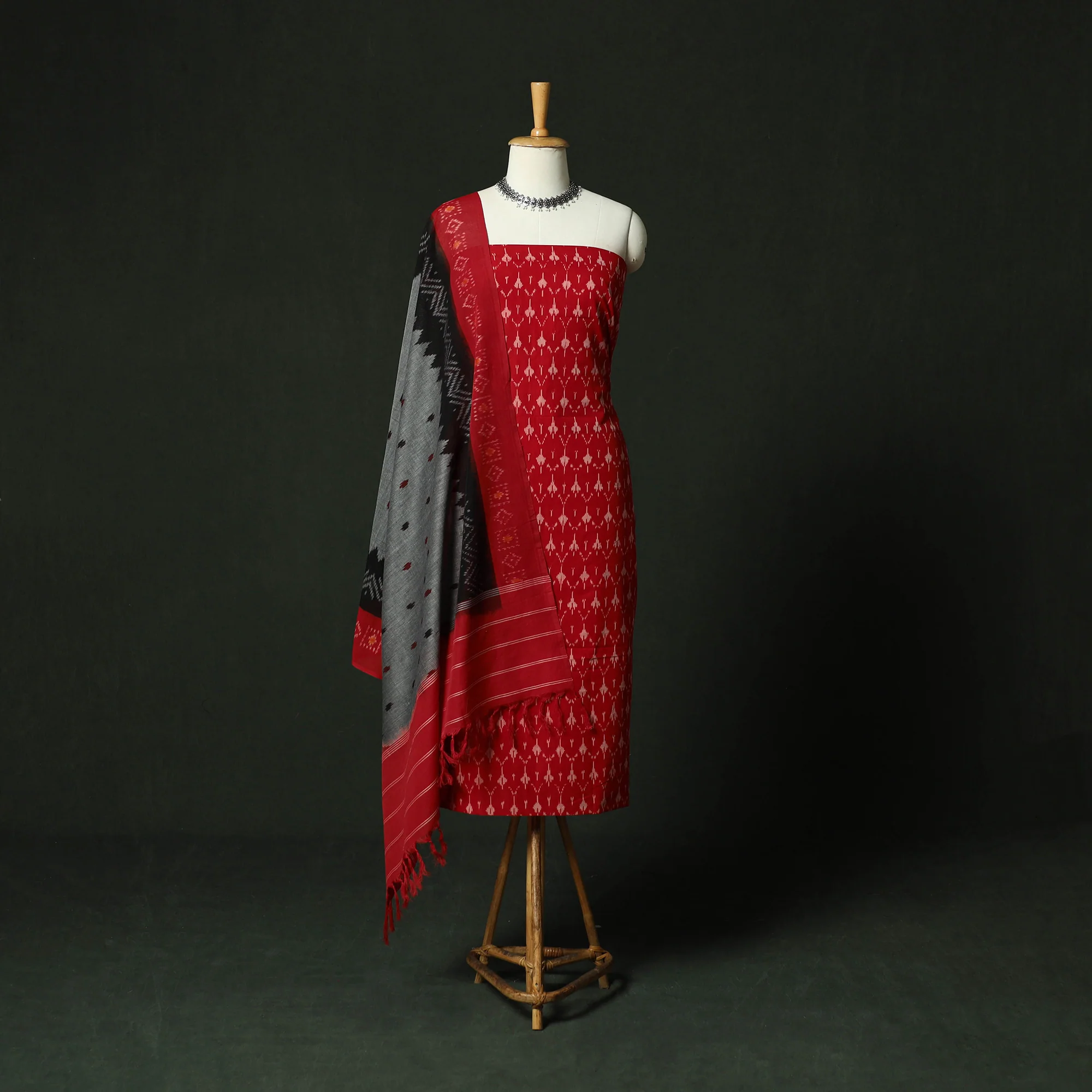Red - Pochampally Ikat Mercerised Cotton 2pc Unstitched Dress Material Kurta Set 42