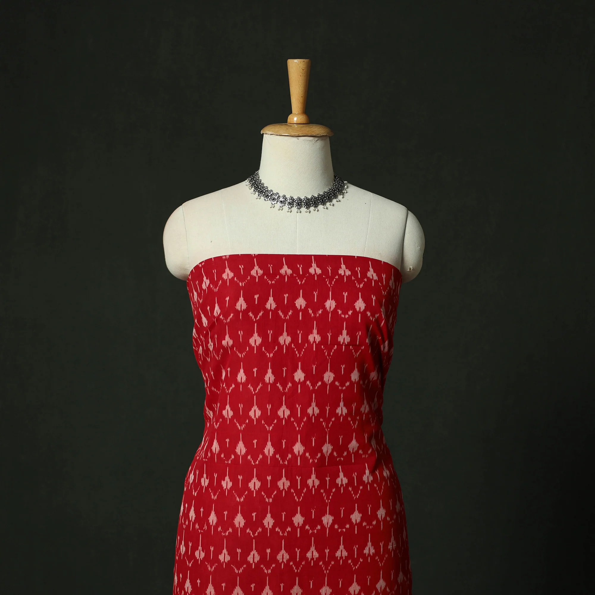 Red - Pochampally Ikat Mercerised Cotton 2pc Unstitched Dress Material Kurta Set 42 - Image 2
