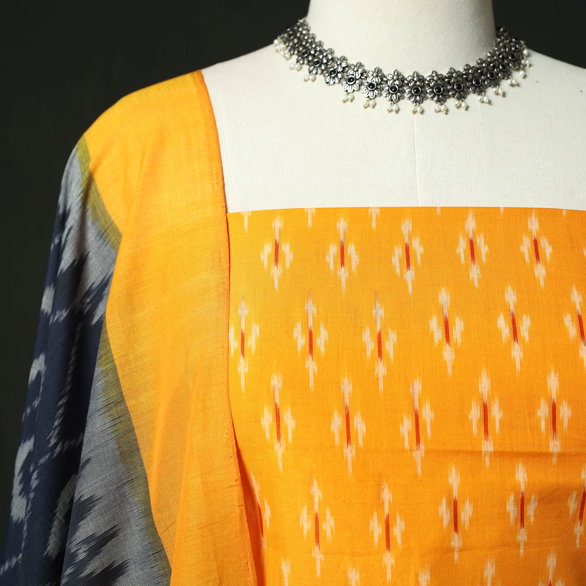 Yellow - Pochampally Ikat Mercerised Cotton 2pc Unstitched Dress Material Kurta Set 43 - Image 3