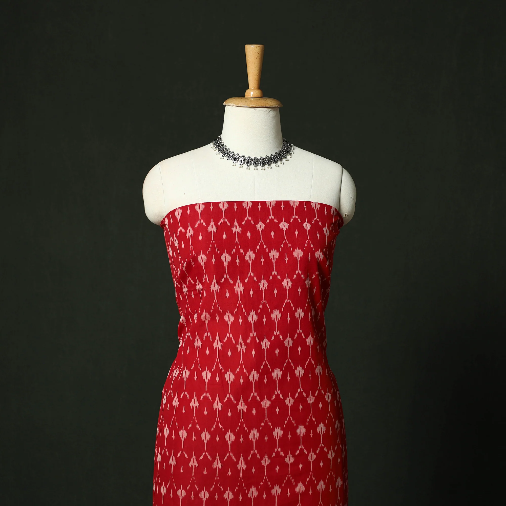 Red - Pochampally Ikat Mercerised Cotton 2pc Unstitched Dress Material Kurta Set 44 - Image 2