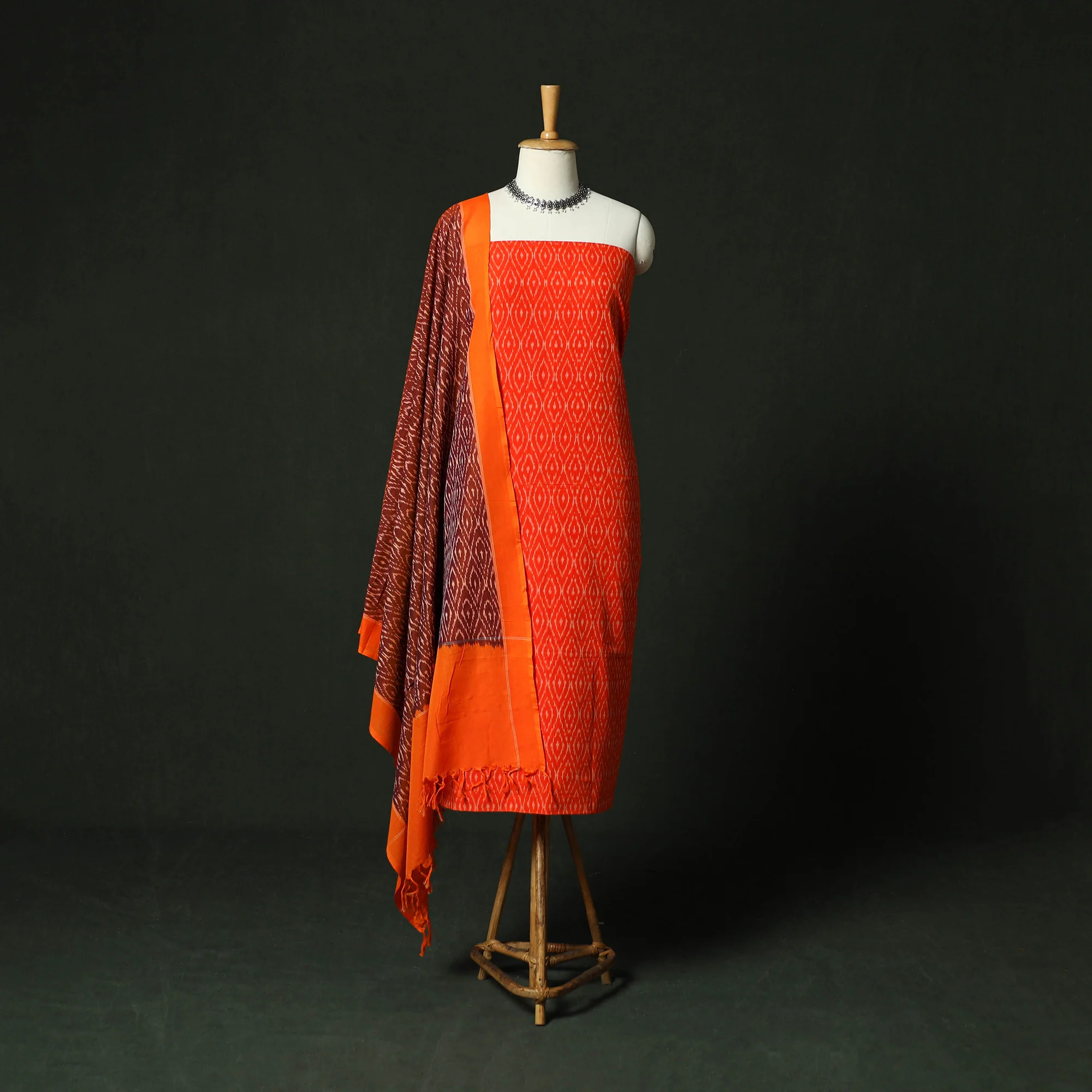 Orange - Pochampally Ikat Mercerised Cotton 2pc Unstitched Dress Material Kurta Set 47