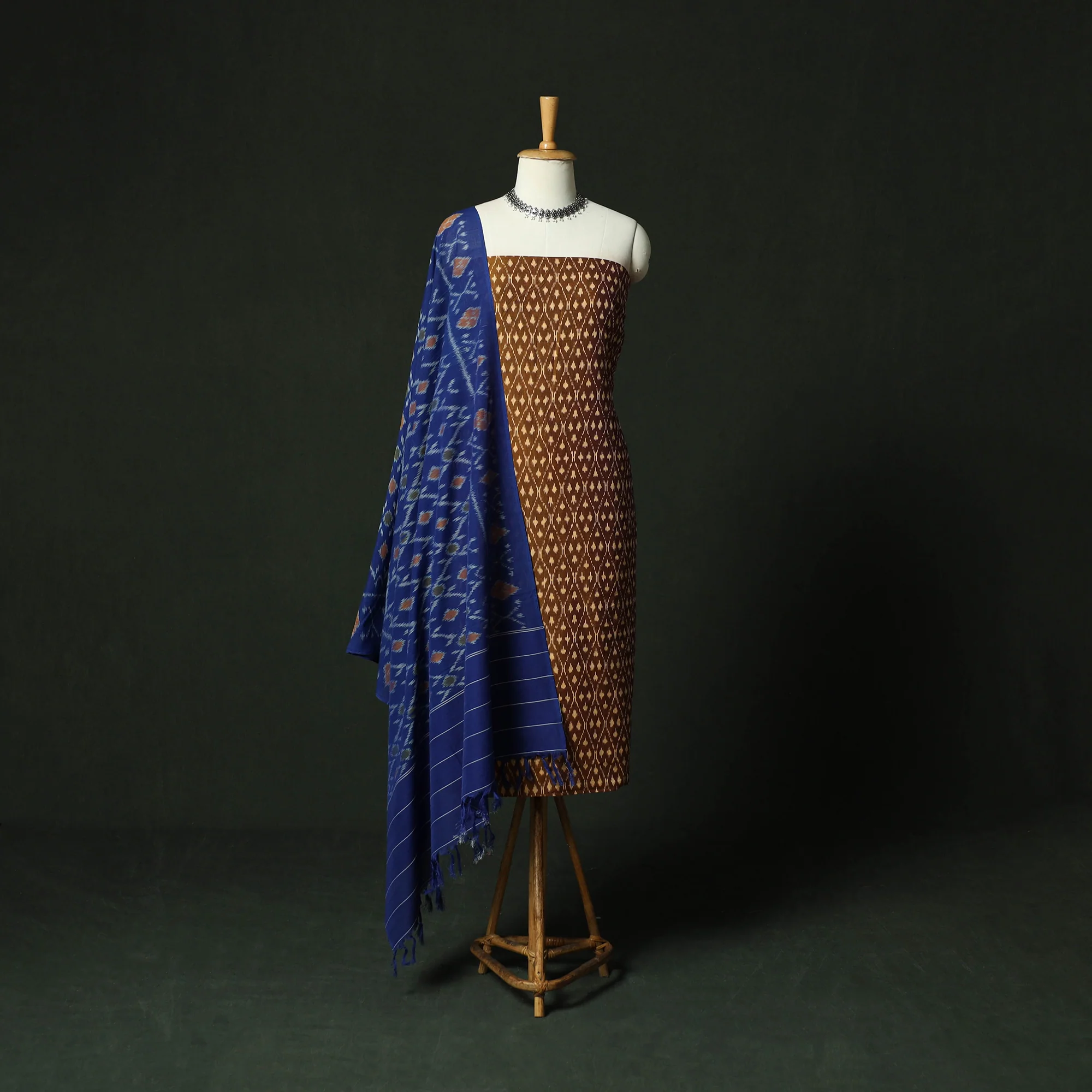 Brown - Pochampally Ikat Mercerised Cotton 2pc Unstitched Dress Material Kurta Set 50