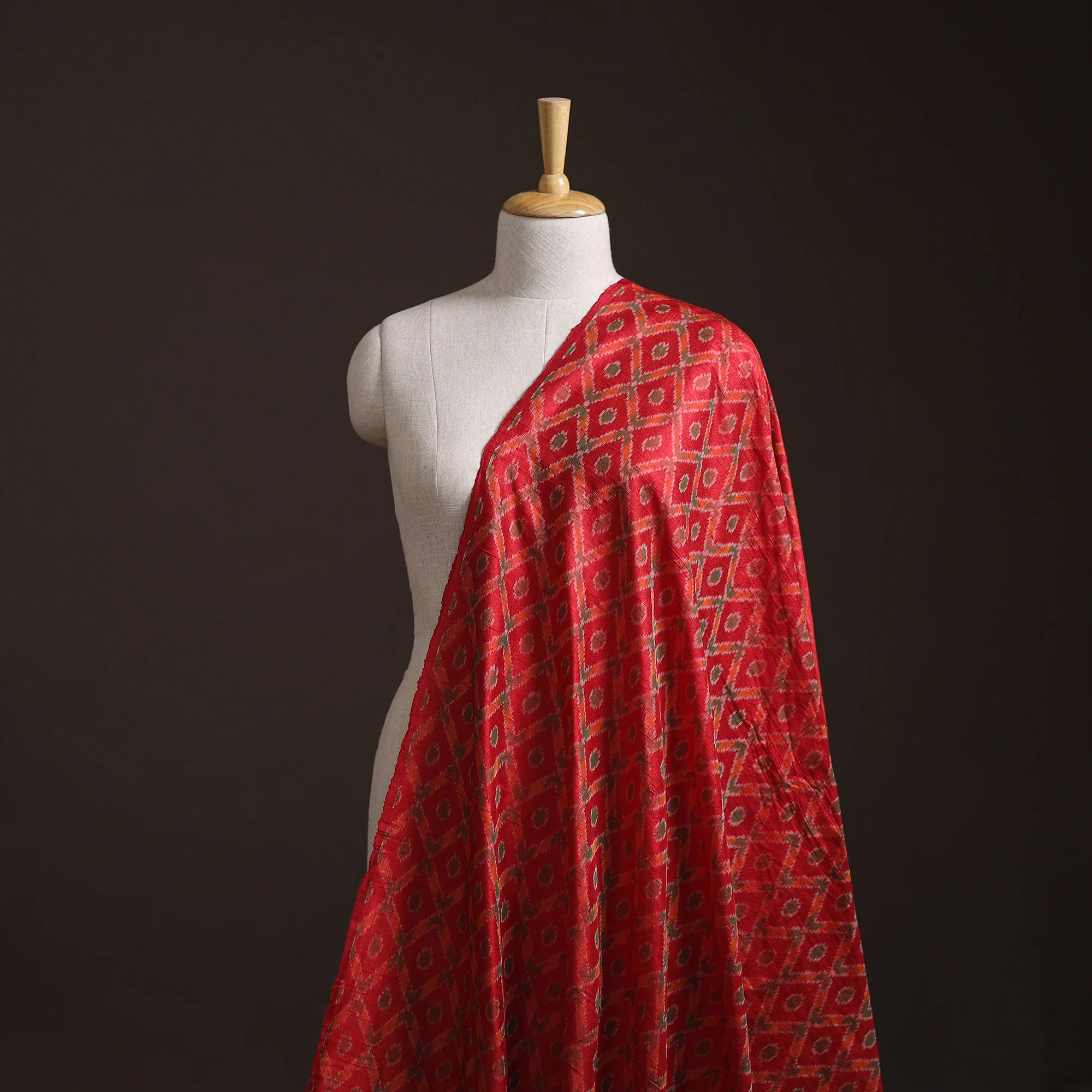 Red - Pochampally Ikat Pure Handloom Raw Silk Fabric 02 - Image 2