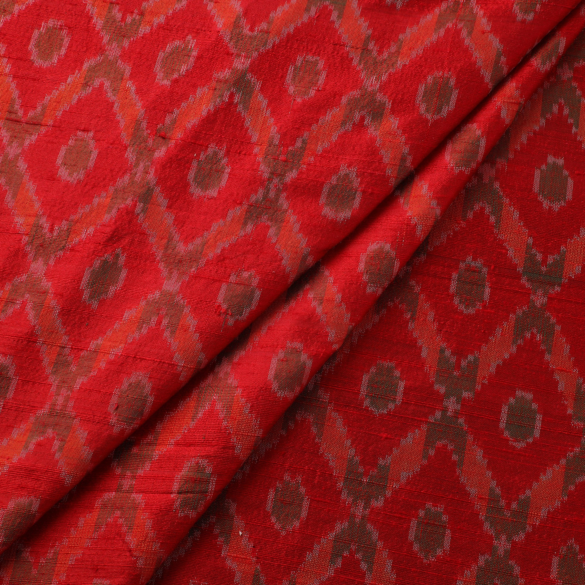 Red - Pochampally Ikat Pure Handloom Raw Silk Fabric 02 - Image 3