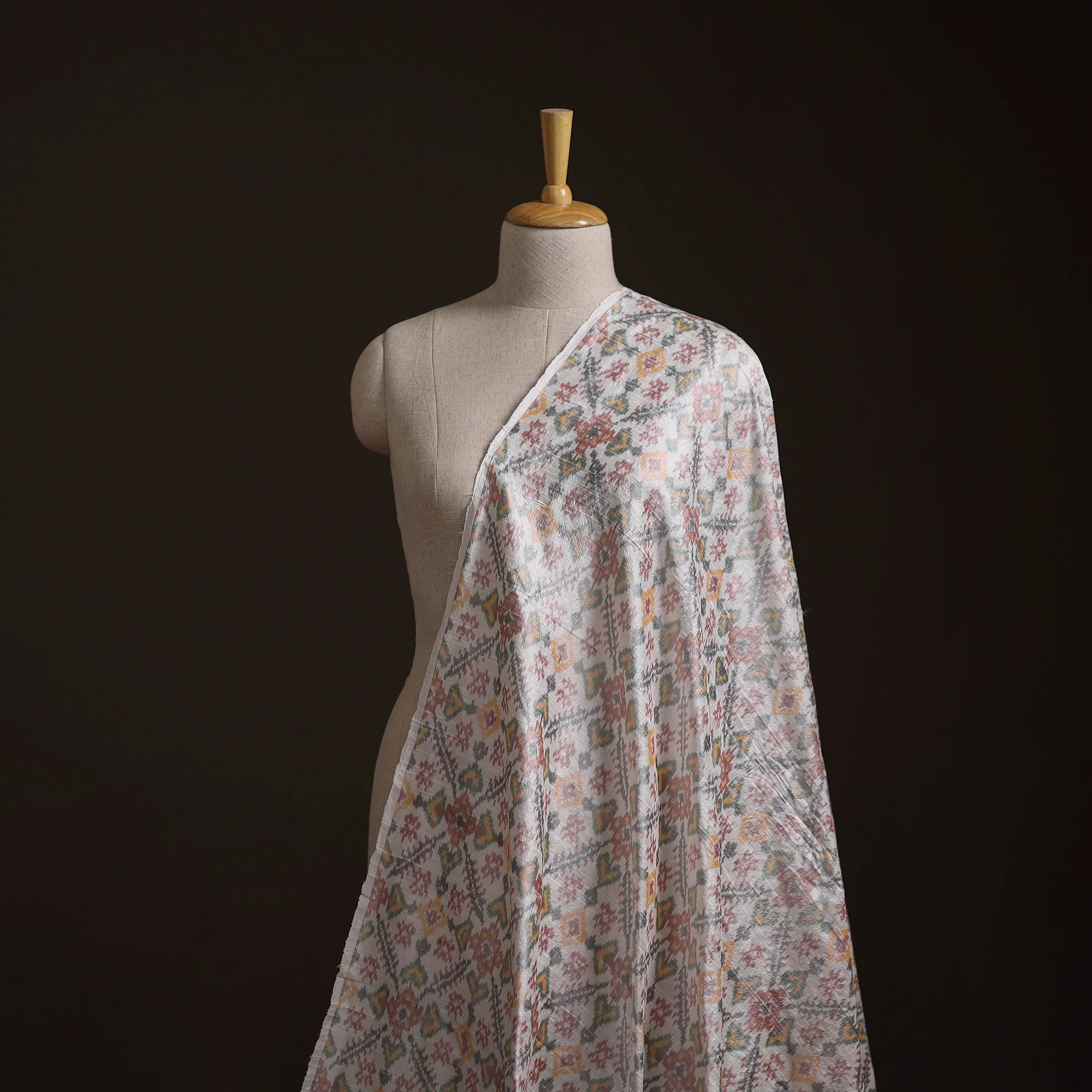 White - Pochampally Ikat Pure Handloom Raw Silk Fabric 04 - Image 2