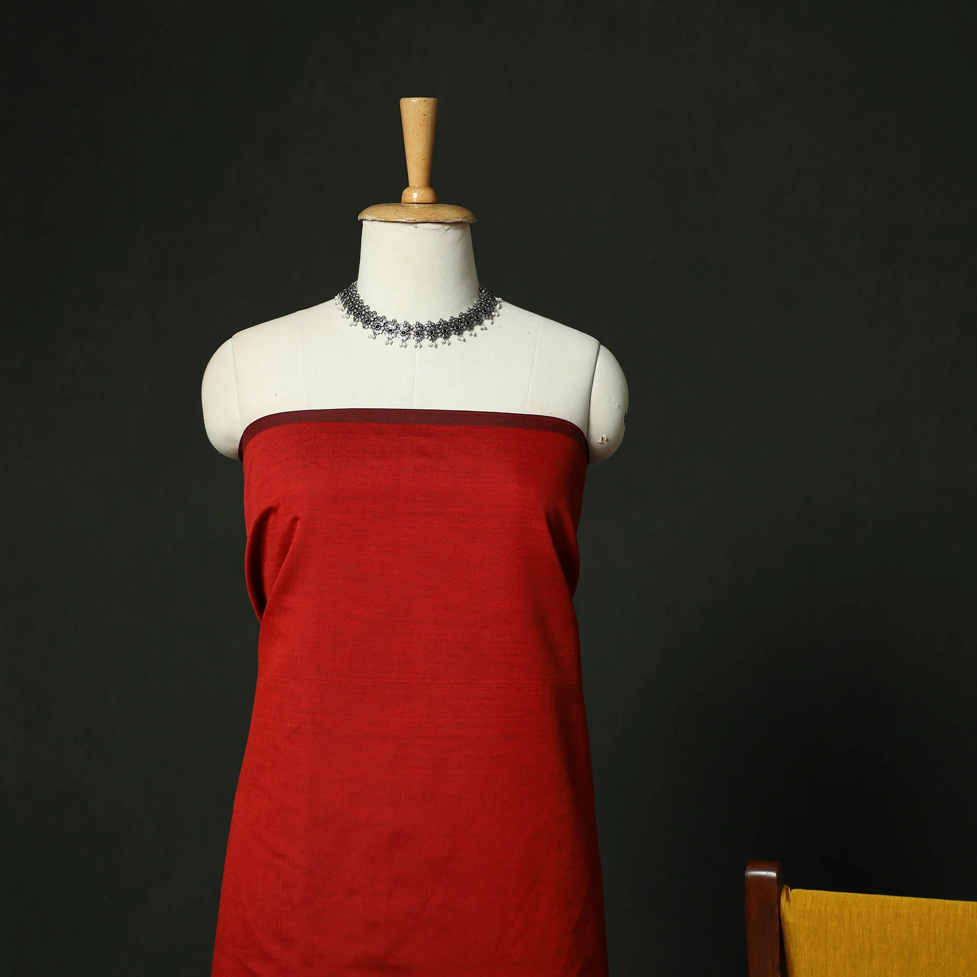 Red - Pochampally Ikat Silk Cotton 3pc Unstitched Dress Material Suit Set 21 - Image 3