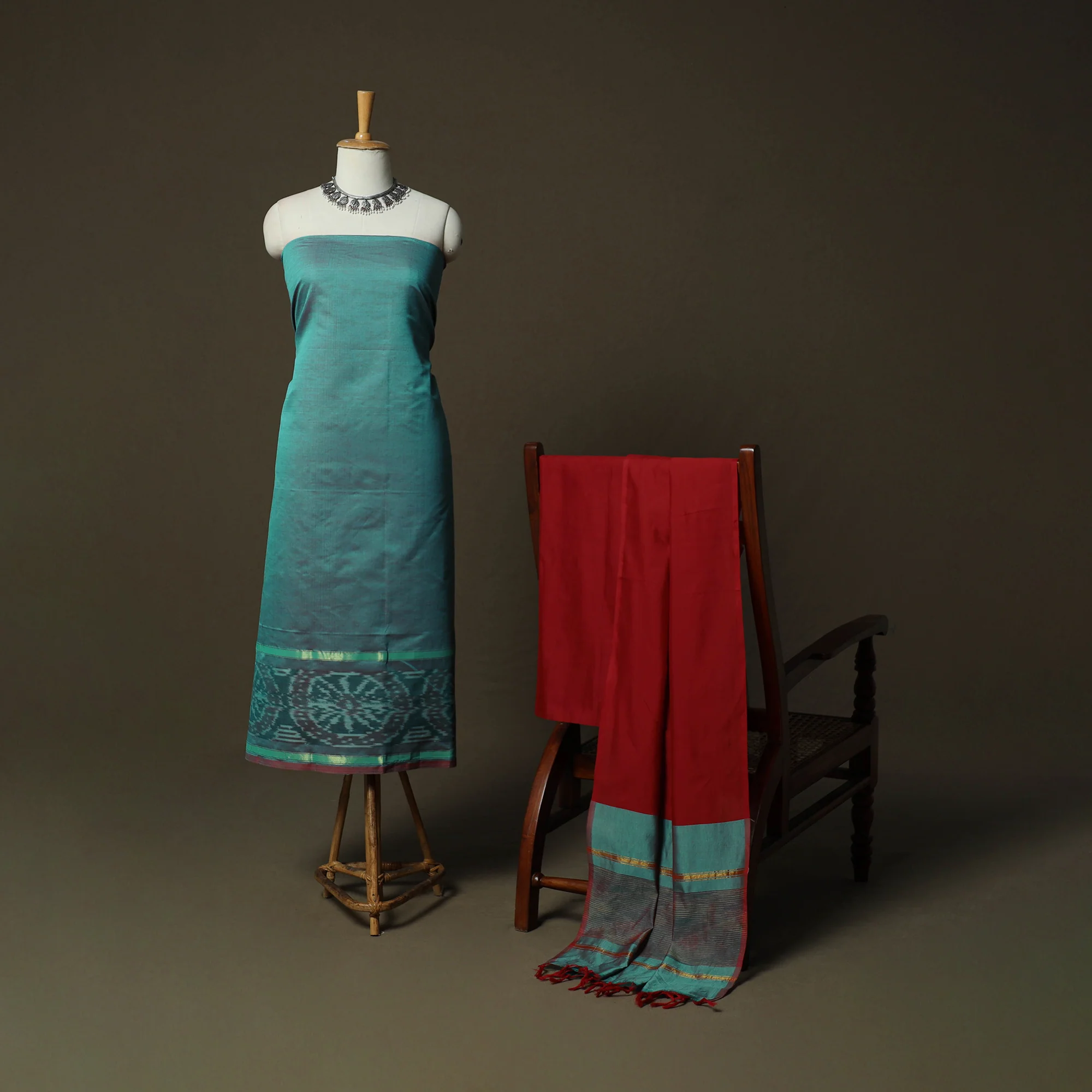 Green - Pochampally Ikat Silk Cotton 3pc Unstitched Dress Material Suit Set 25 - Image 2