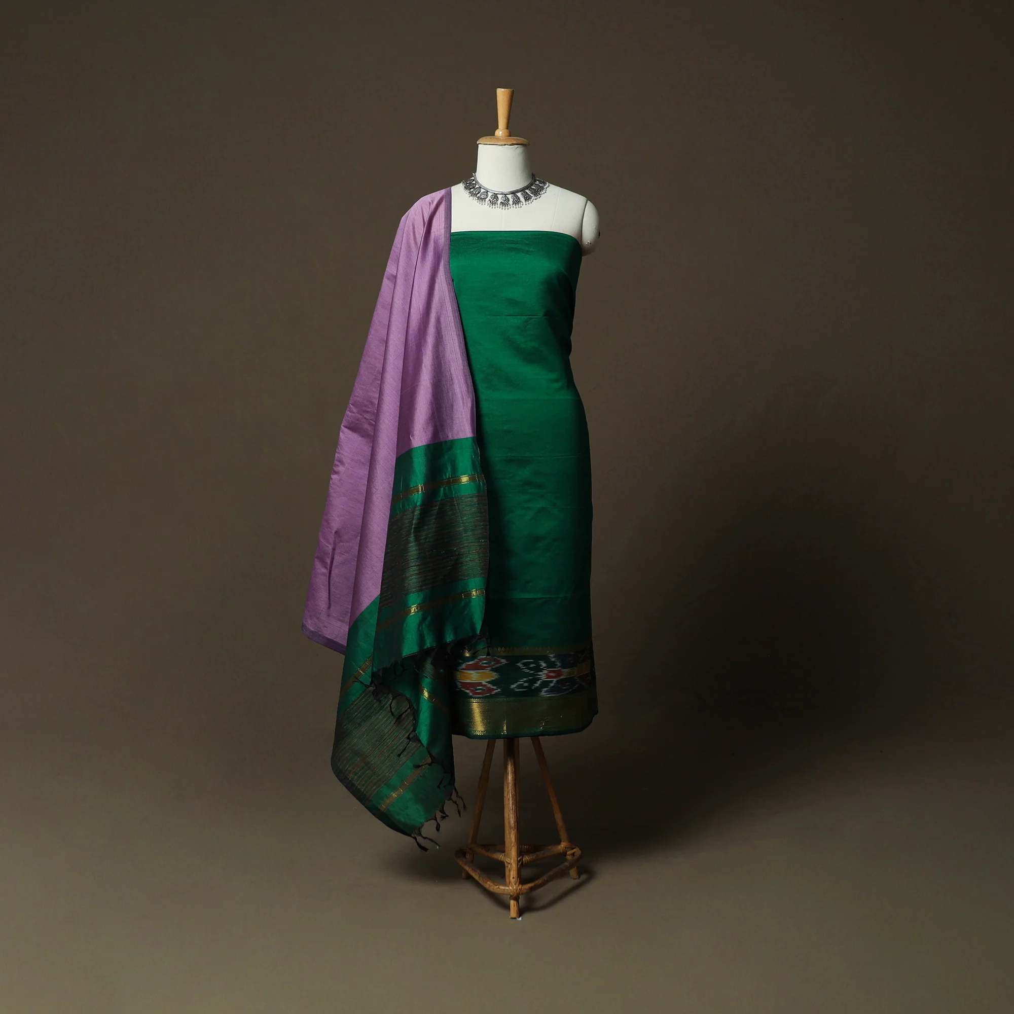 Green - Pochampally Ikat Silk Cotton 3pc Unstitched Dress Material Suit Set 43