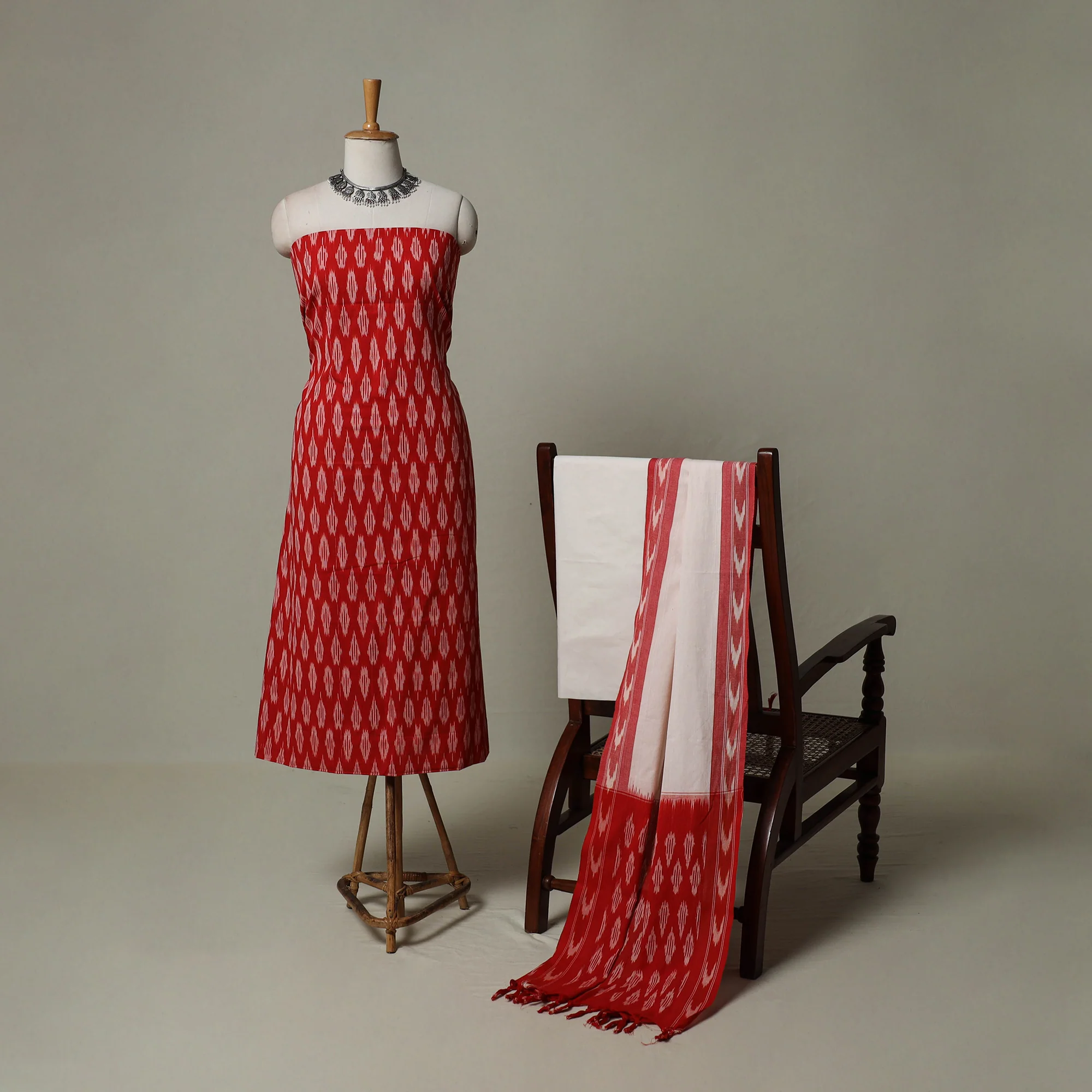 Red - Pochampally Ikat Weave 3pc Cotton Unstitched Dress Material Suit Set 02 - Image 2