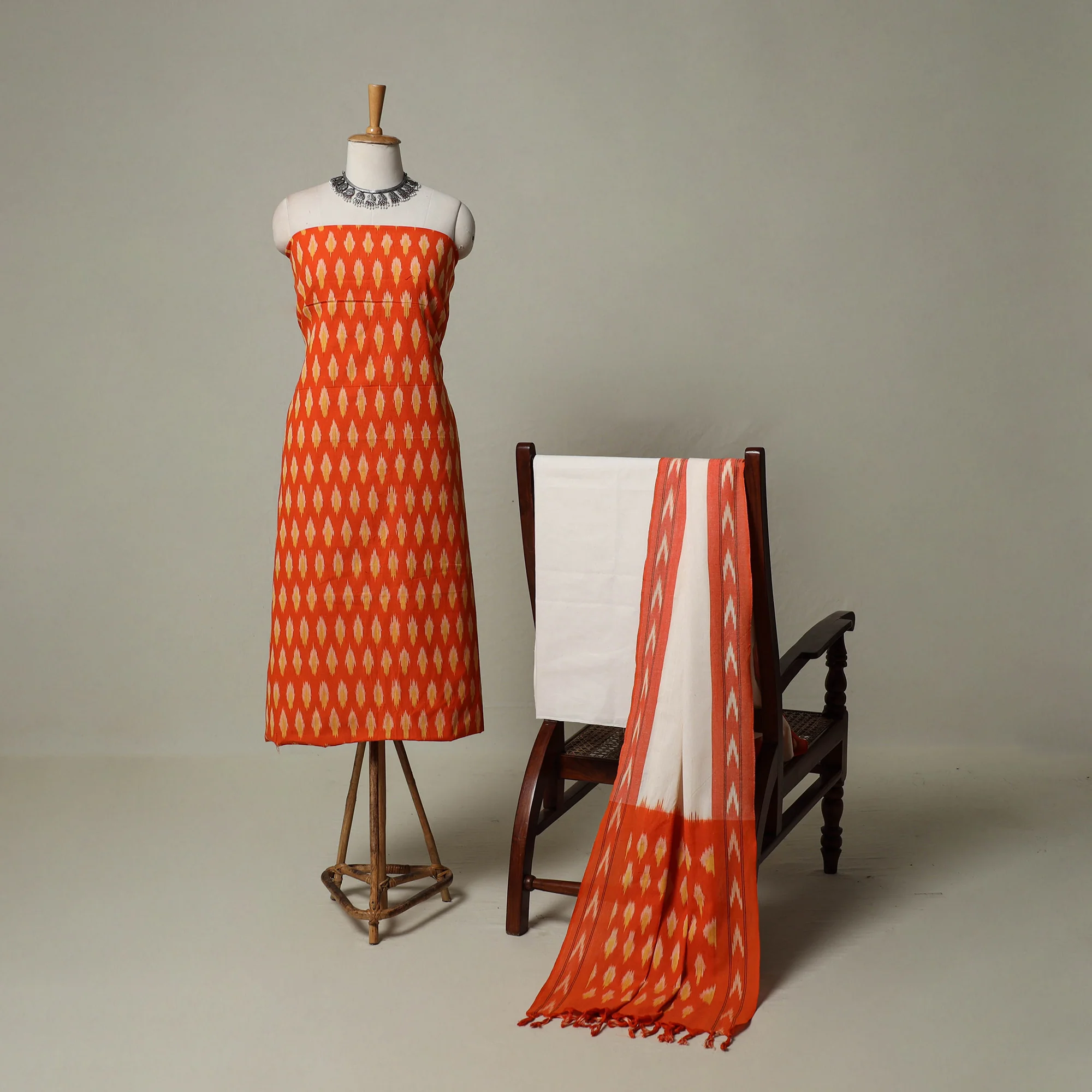 Orange - Pochampally Ikat Weave 3pc Cotton Unstitched Dress Material Suit Set 04 - Image 2