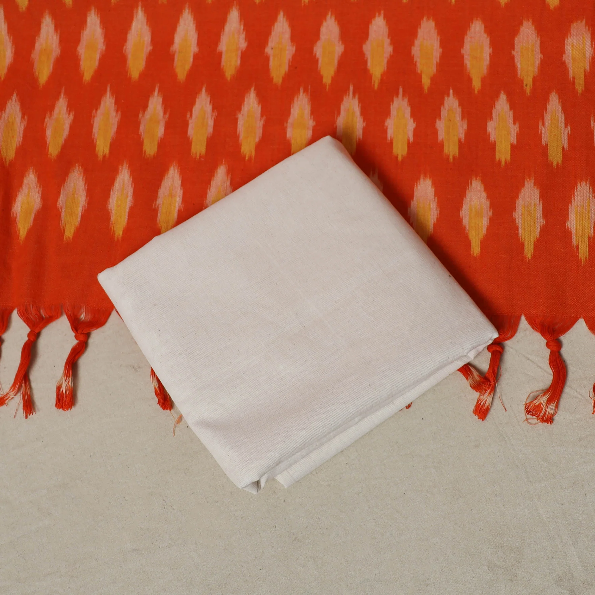 Orange - Pochampally Ikat Weave 3pc Cotton Unstitched Dress Material Suit Set 04 - Image 5