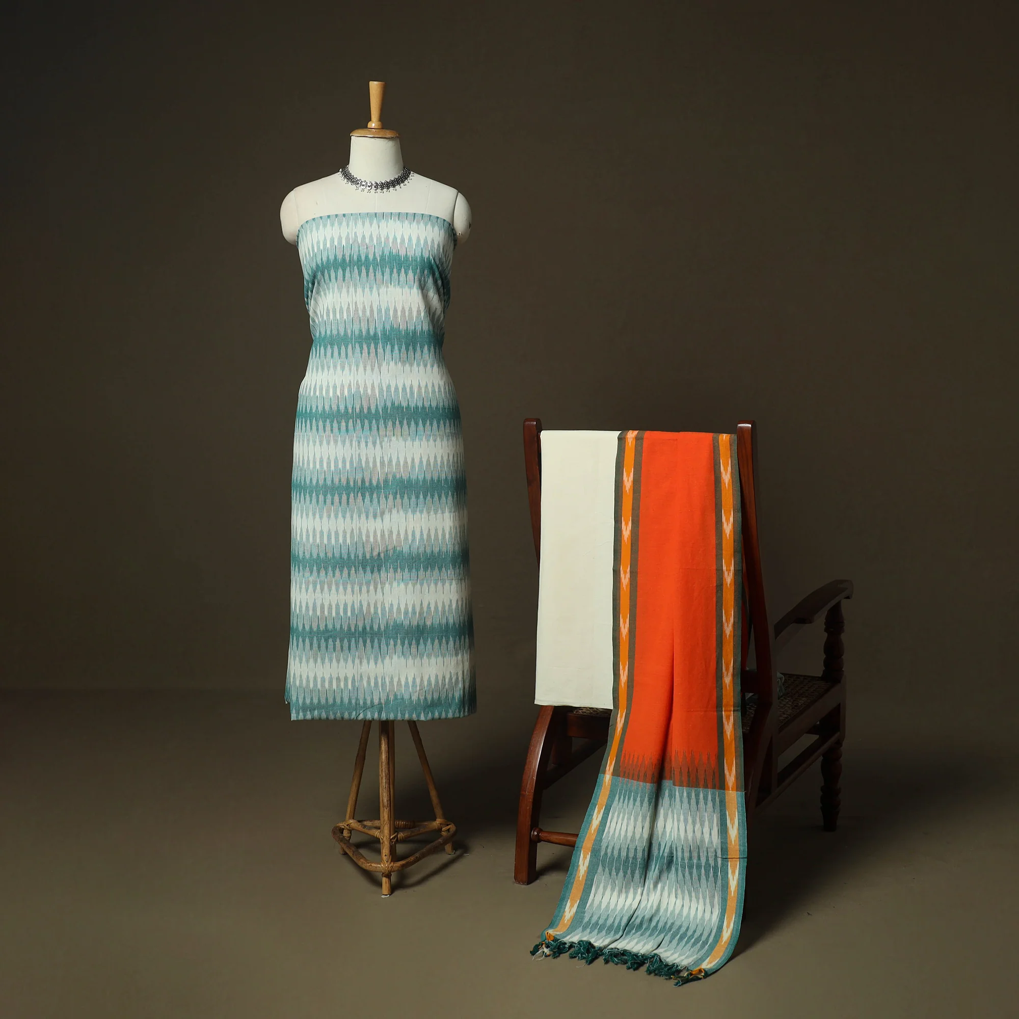 Multicolor - Pochampally Ikat Weave 3pc Cotton Unstitched Dress Material Suit Set 05 - Image 2