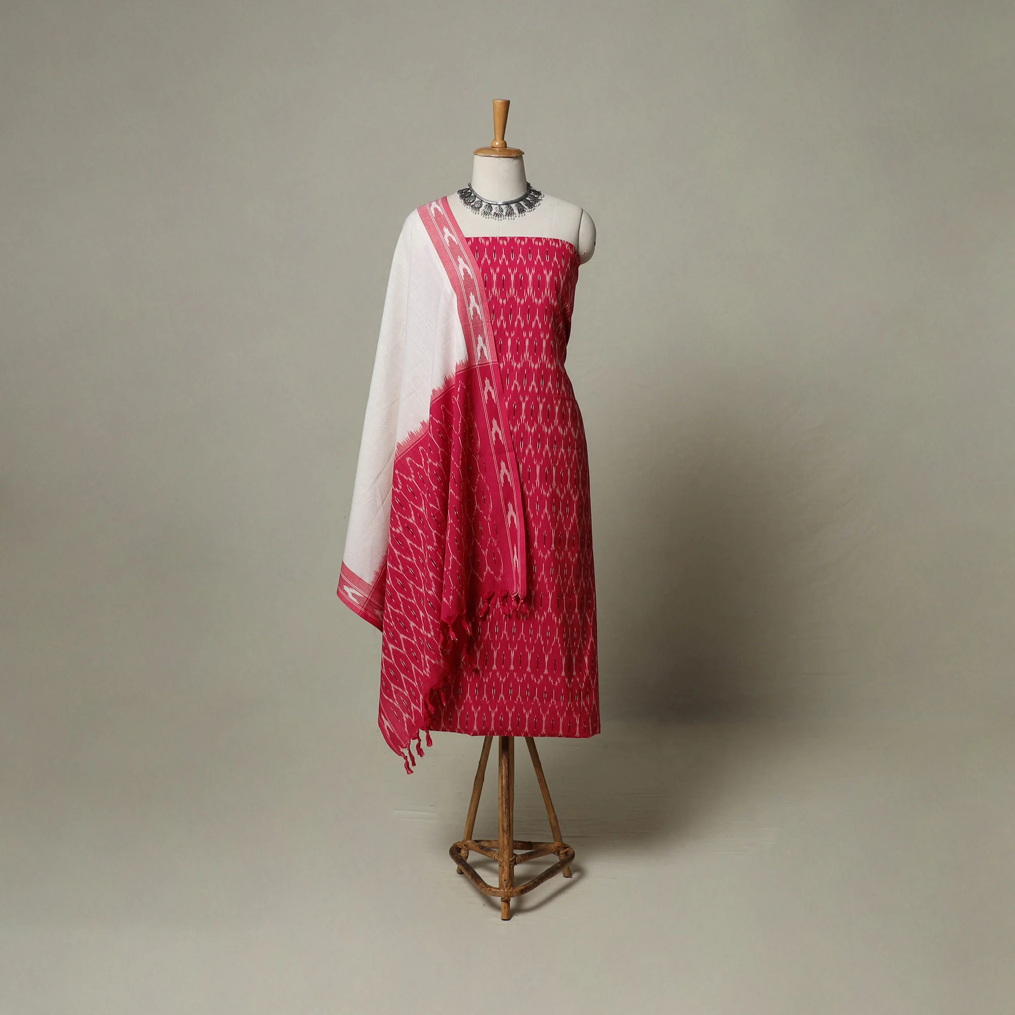 Pink - Pochampally Ikat Weave 3pc Cotton Unstitched Dress Material Suit Set 09